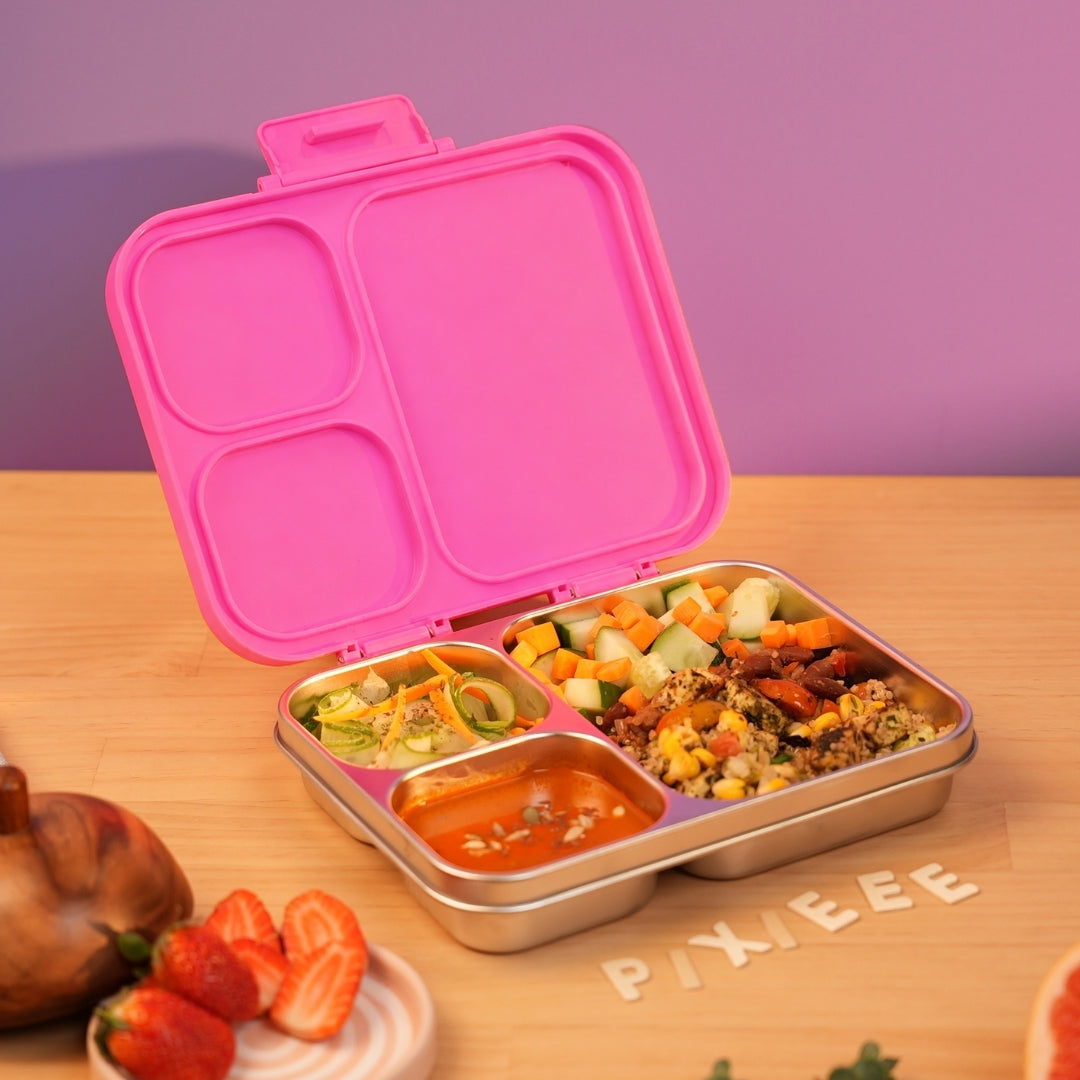 3 Compartment Stainless Steel Lunchbox with Plastic Lid - Pixie Dash