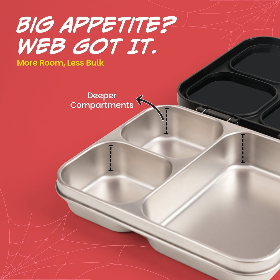 3 Compartment Stainless Steel Lunchbox with Plastic Lid - Phantom Web