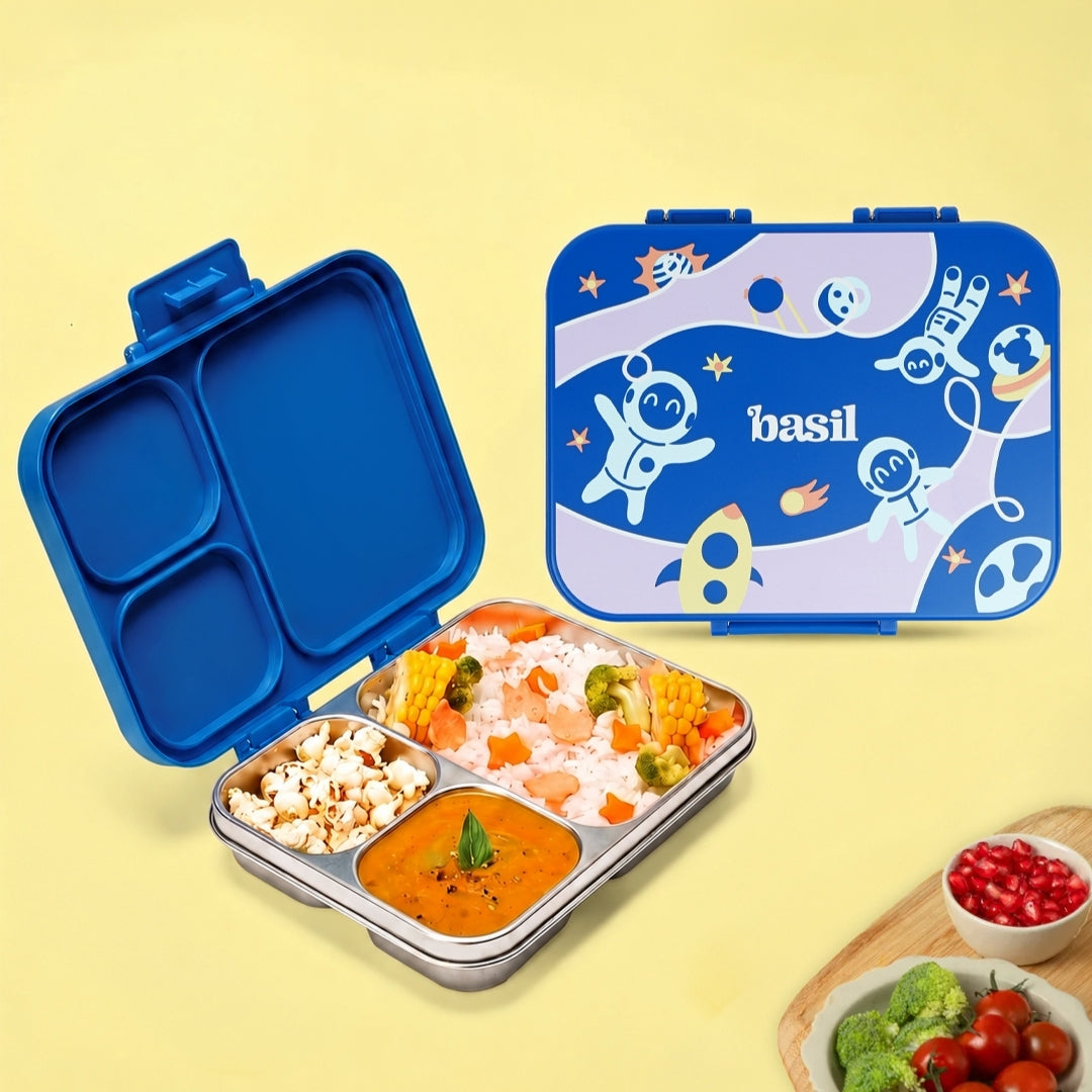 3 Compartment Stainless Steel Lunchbox with Plastic Lid - Super Swoosh