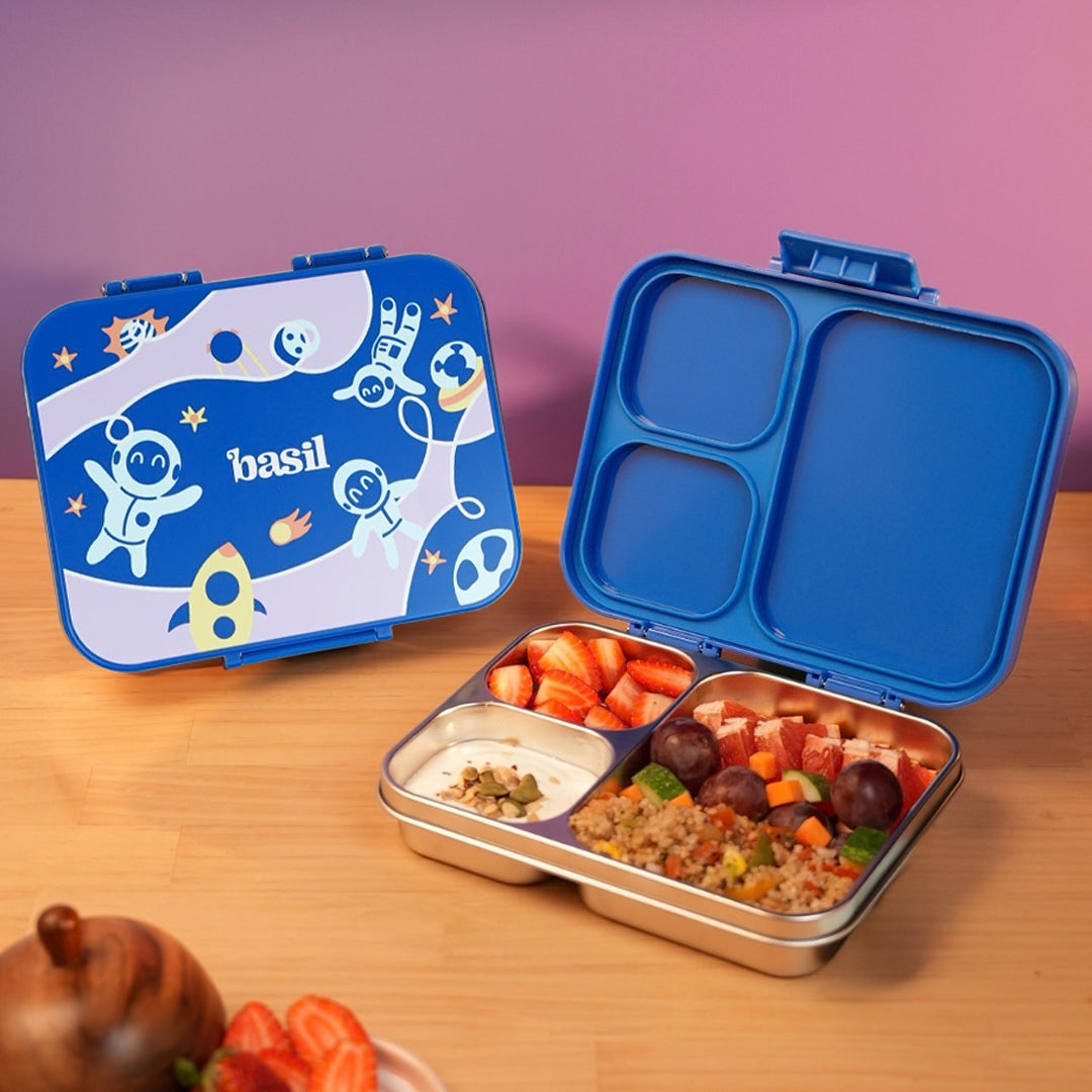 3 Compartment Stainless Steel Lunchbox with Plastic Lid - Super Swoosh