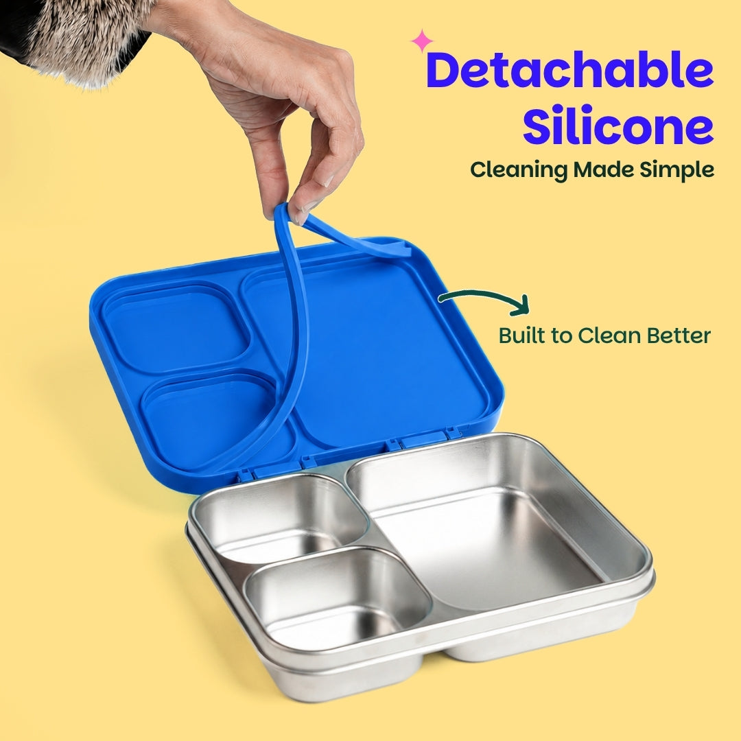 3 Compartment Stainless Steel Lunchbox with Plastic Lid - Super Swoosh