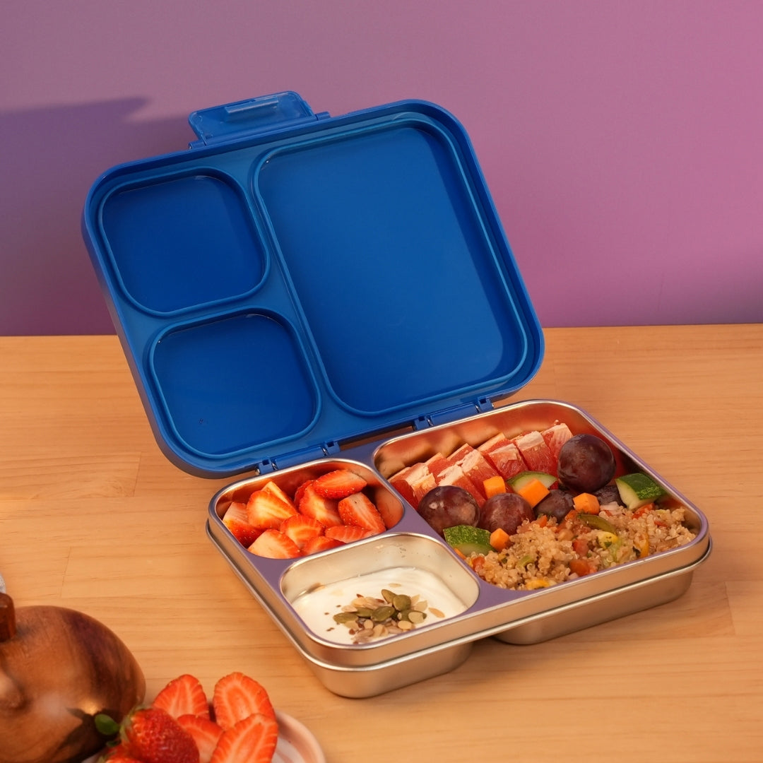 3 Compartment Stainless Steel Lunchbox with Plastic Lid - Super Swoosh