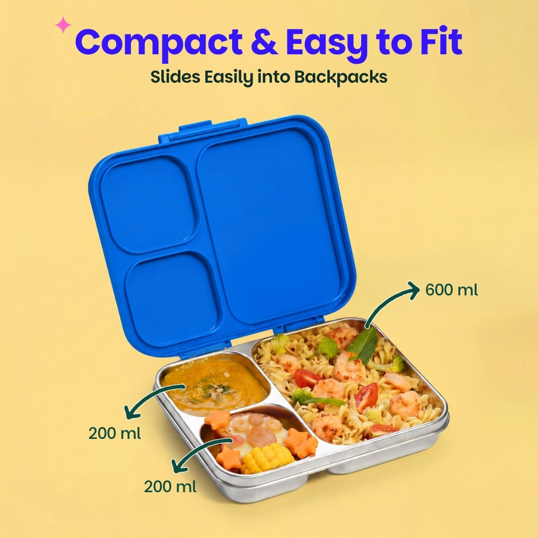 3 Compartment Stainless Steel Lunchbox with Plastic Lid - Super Swoosh