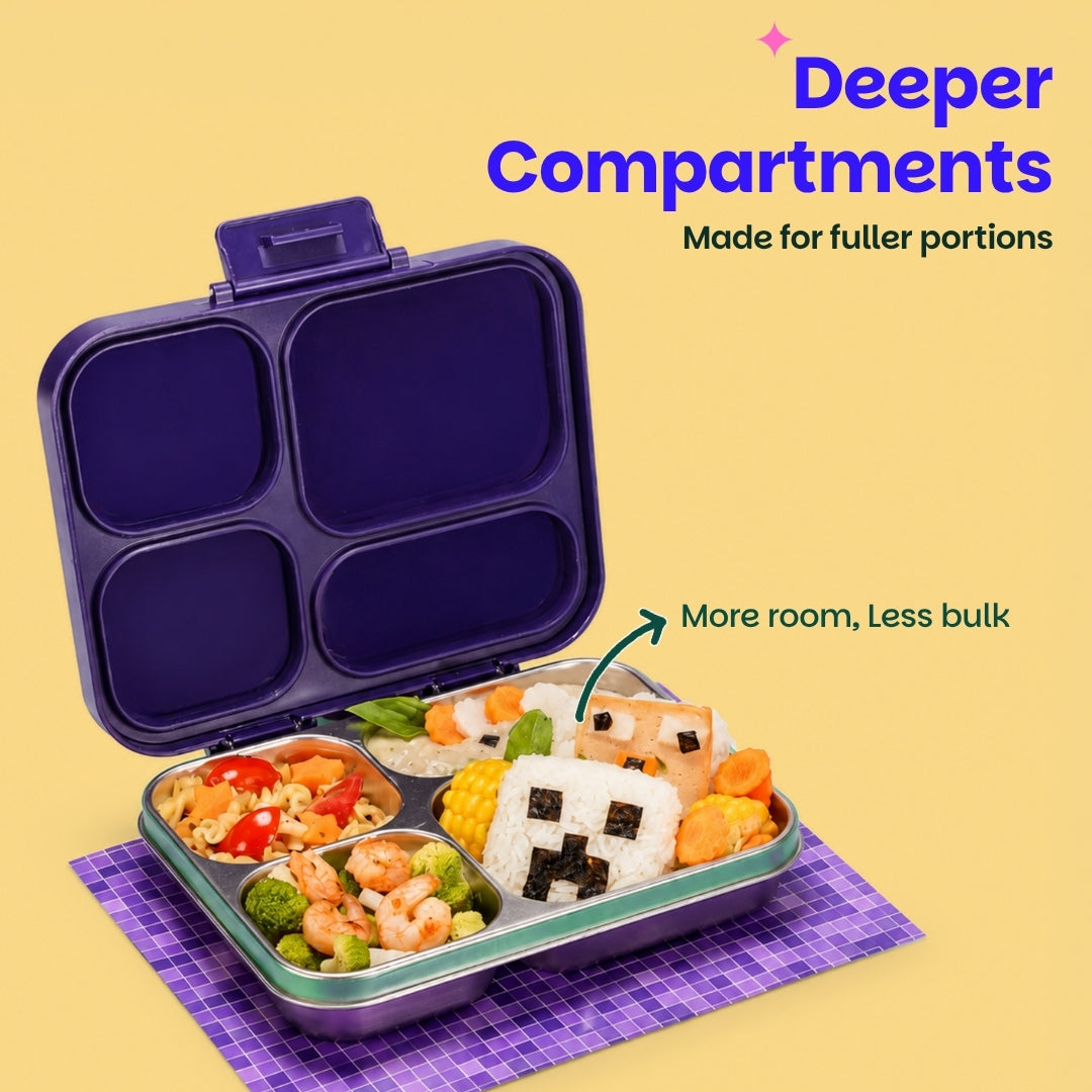 4 Compartment Stainless Steel Lunchbox with Plastic Lid - Pixel Rush