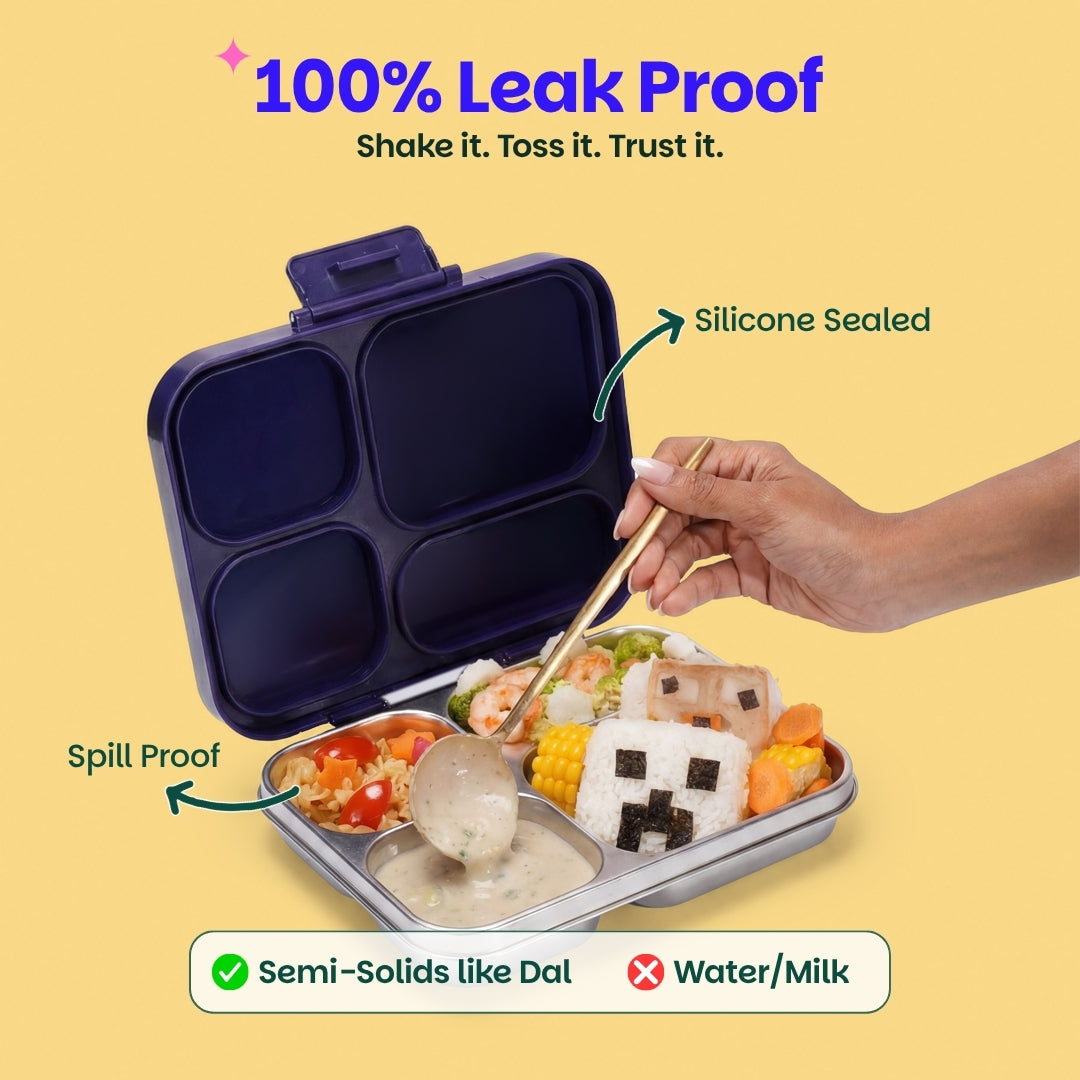 4 Compartment Stainless Steel Lunchbox with Plastic Lid - Retro Stack