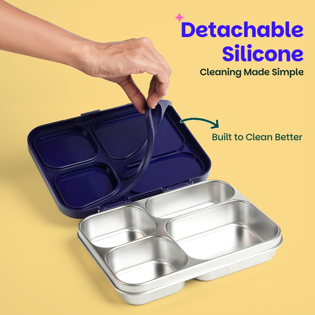 4 Compartment Stainless Steel Lunchbox with Plastic Lid - Retro Stack