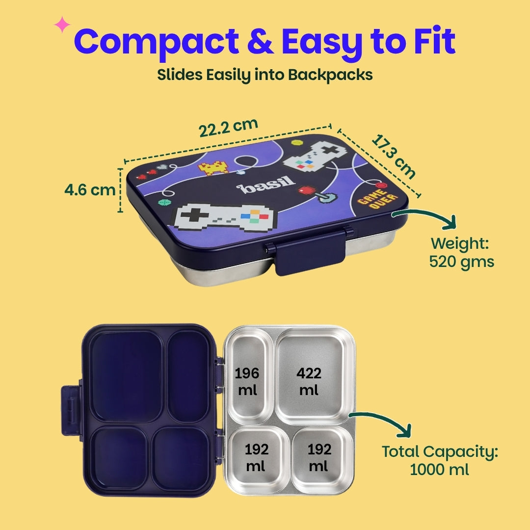 4 Compartment Stainless Steel Lunchbox with Plastic Lid - Retro Stack