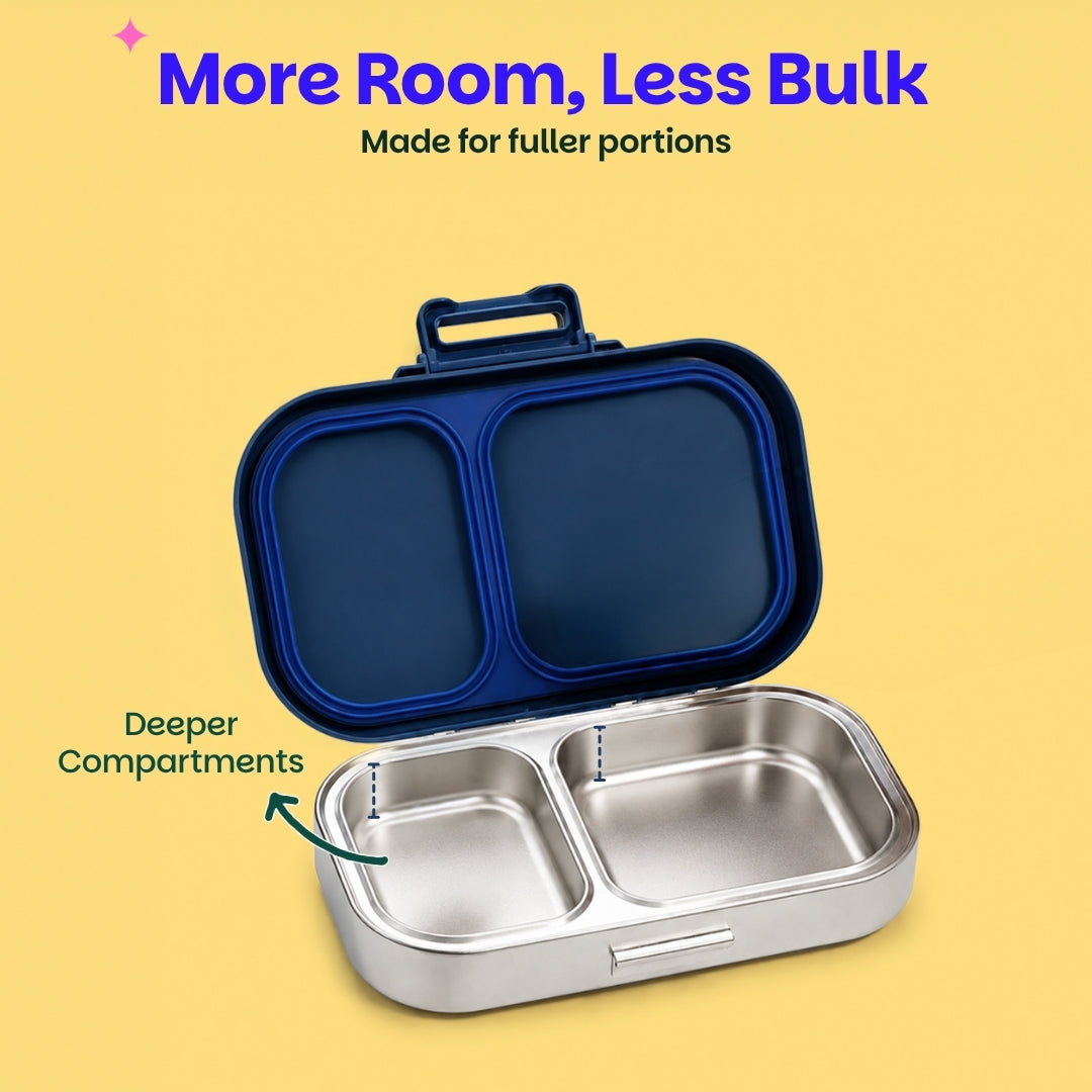 2 Compartment Stainless Steel Lunchbox with Plastic Lid - Classic Blue