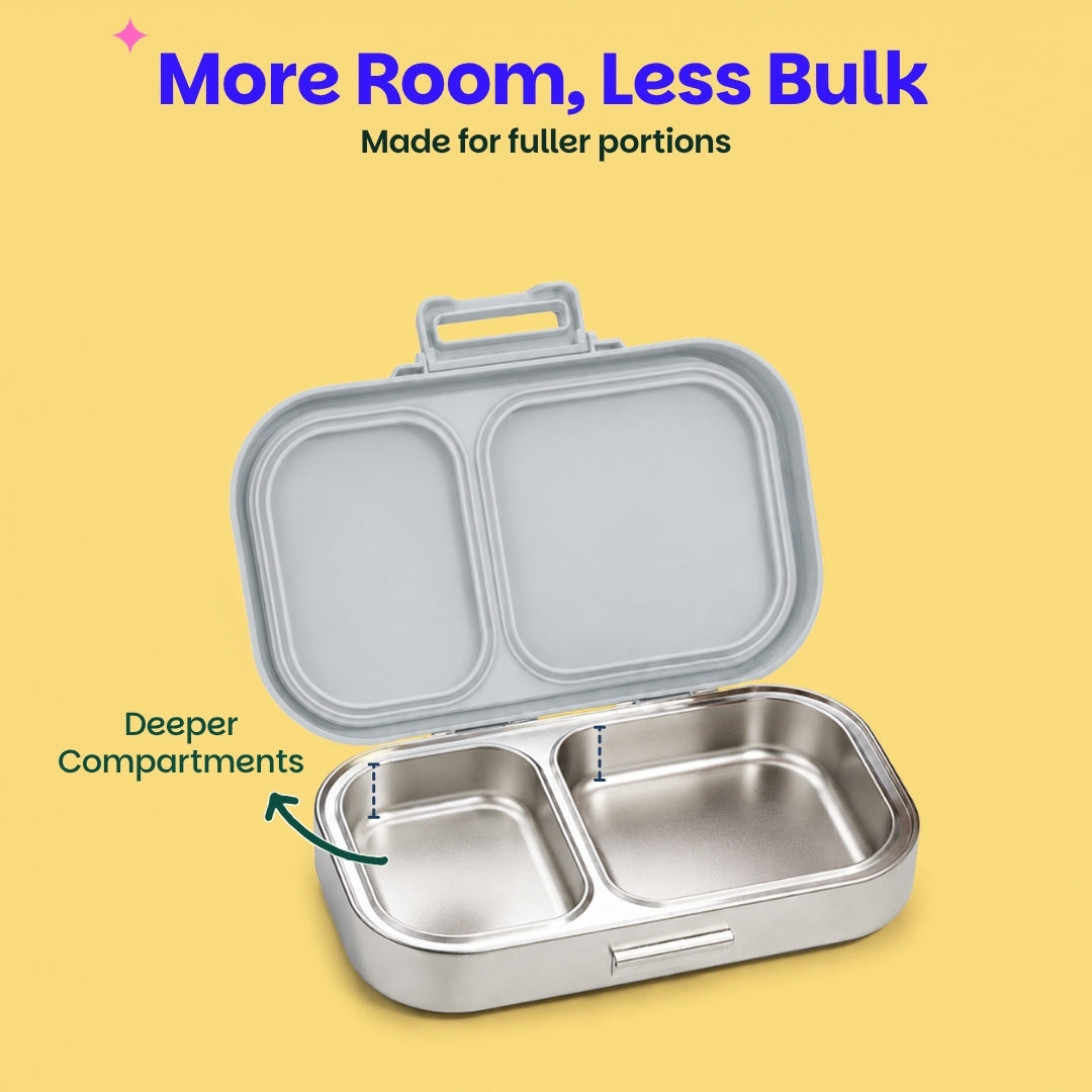 2 Compartment Stainless Steel Lunchbox with Plastic Lid - Classic Grey