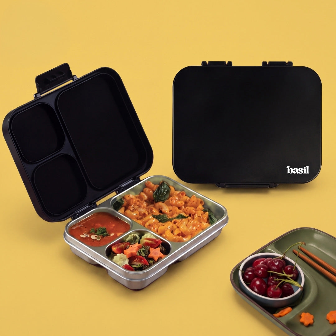 3 Compartment Stainless Steel Lunchbox with Plastic Lid - Classic Black