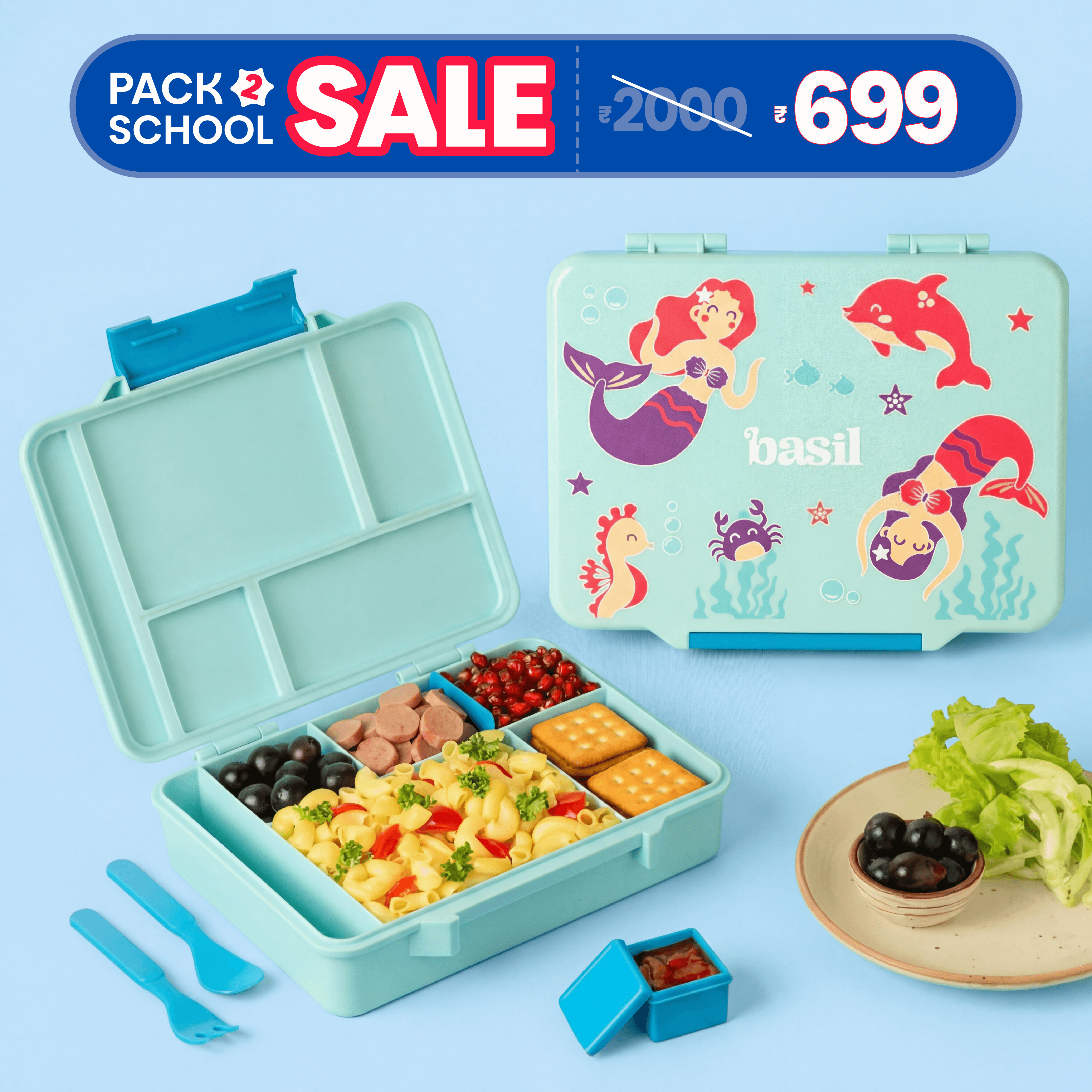 5 Compartment BPA Free Bento box - Aqua Mist [ NO RETURNS & NO WARRANTY ]