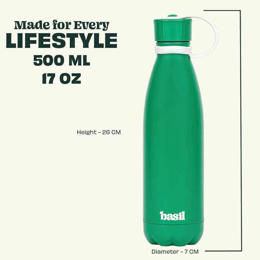 Basil Insulated green water bottle for office, Basil Stainless Steel water bottle, Steel water bottle 500ml, 500ml water bottle, Steel water bottle, hot and cold water bottle, insulated water bottle 
