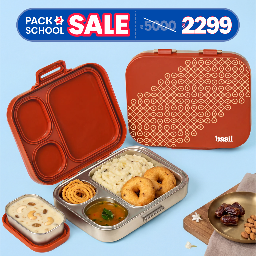 3+1 Compartment Stainless steel Lunchbox with Mini Box - Tanjore Kolam