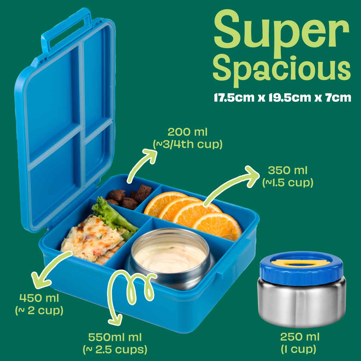 4 Compartment Bento box with Insulated jar - Blue