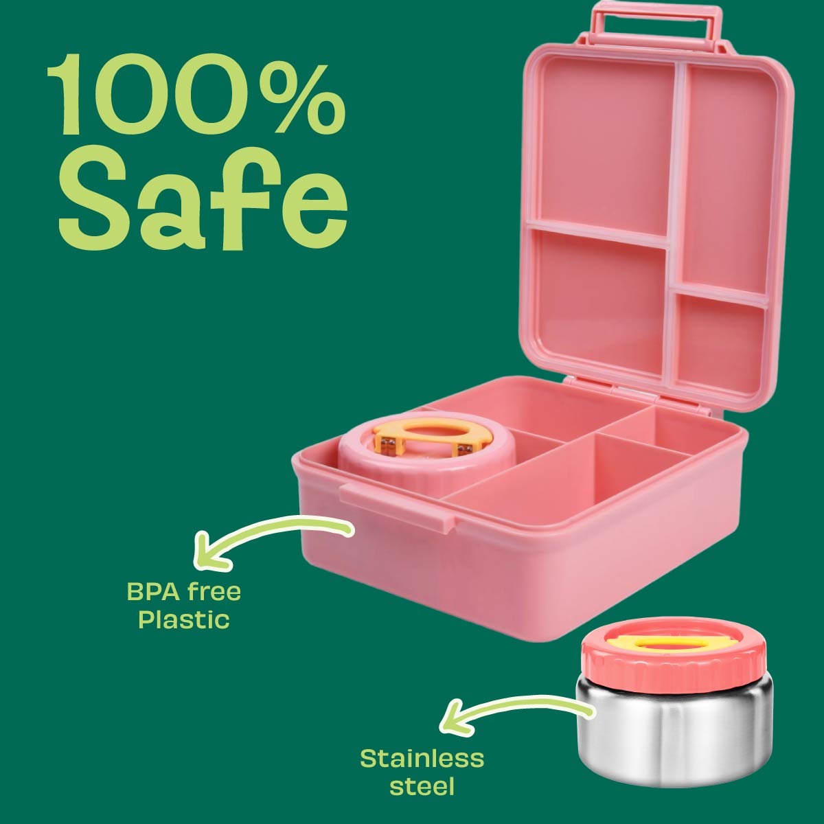 4 Compartment Bento box with Insulated jar - Pink