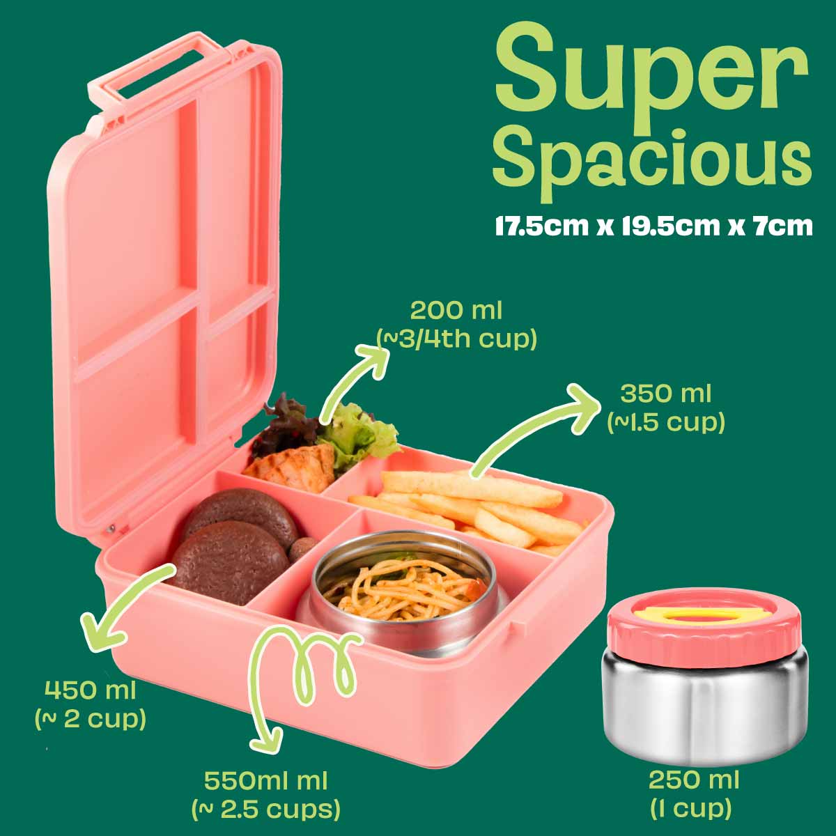 4 Compartment Bento box with Insulated jar - Pink