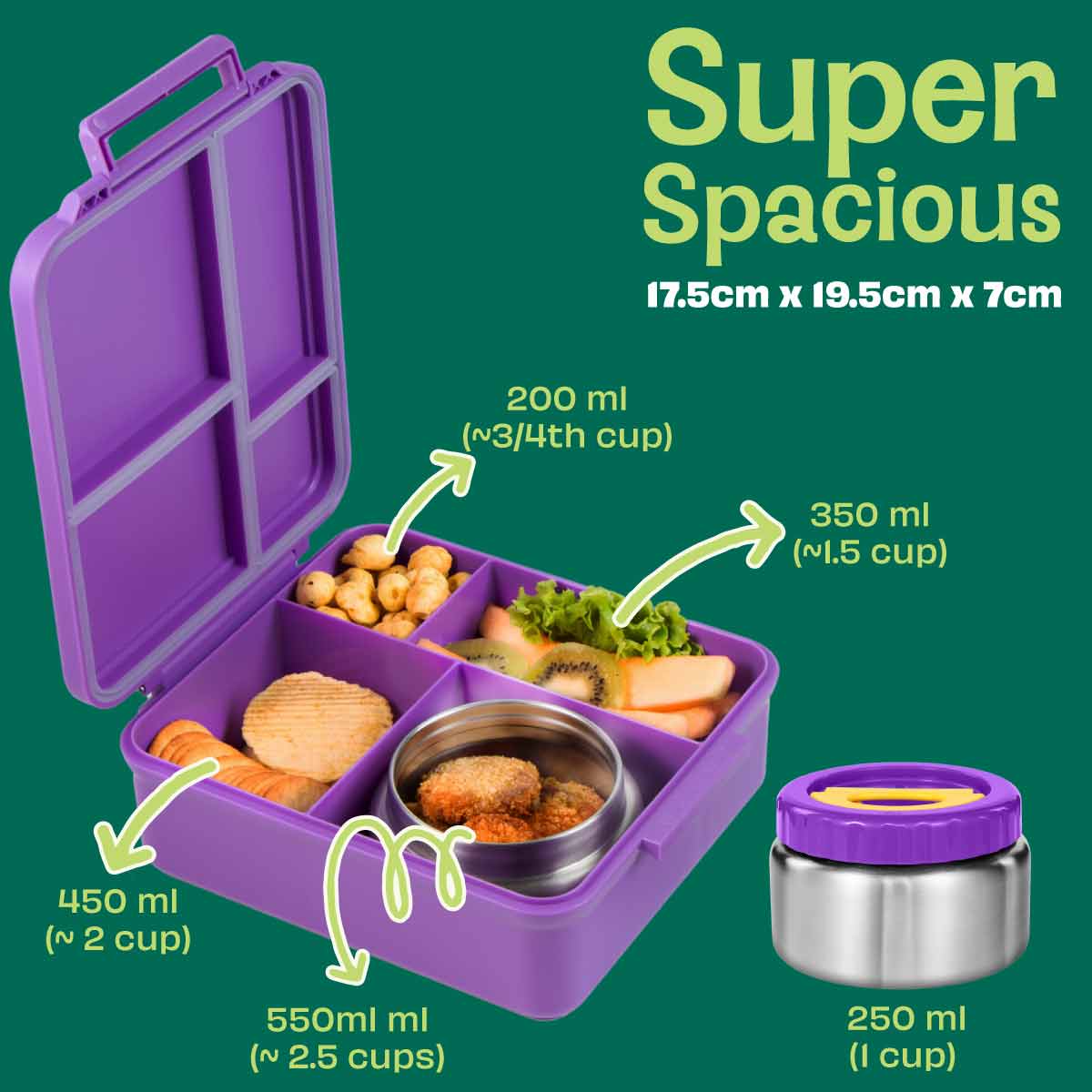 4 Compartment Bento box with Insulated jar - Purple