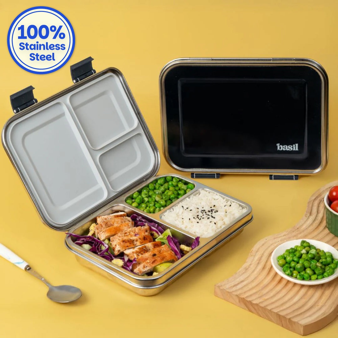 3 Compartment easy open-close Lunchbox - Black