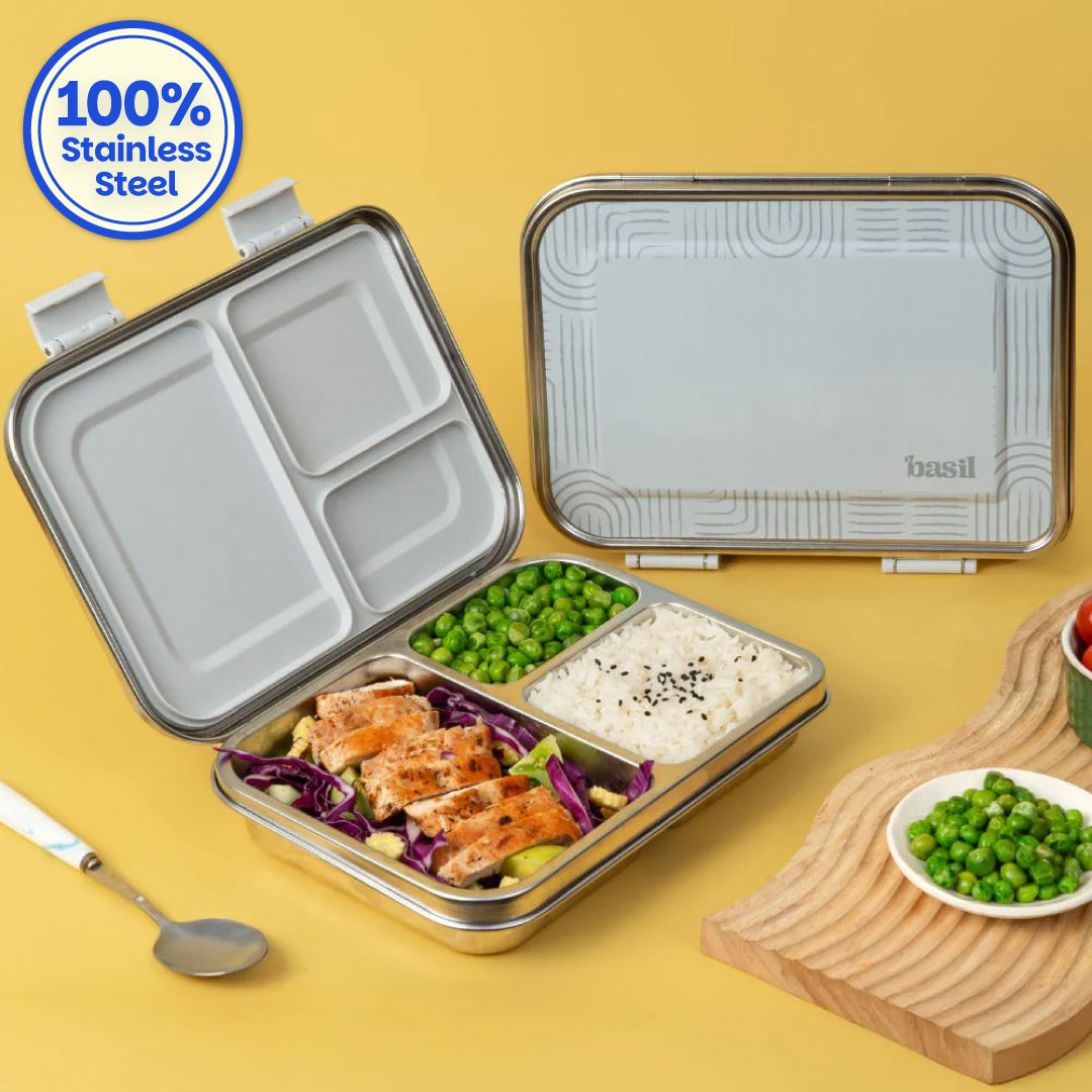 3 Compartment easy open-close Lunchbox - Grey