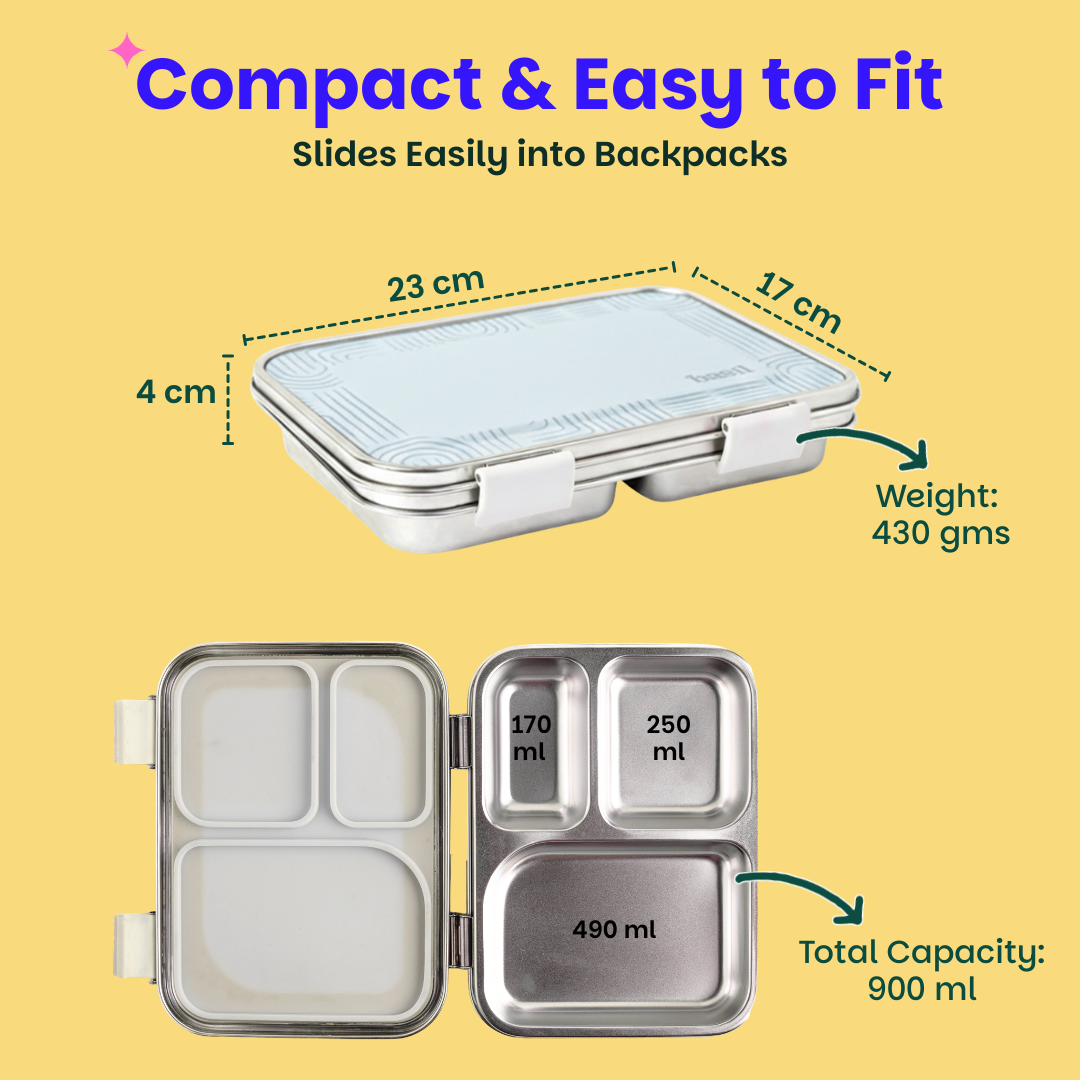 3 Compartment Stainless steel Lunchbox - Classic Grey