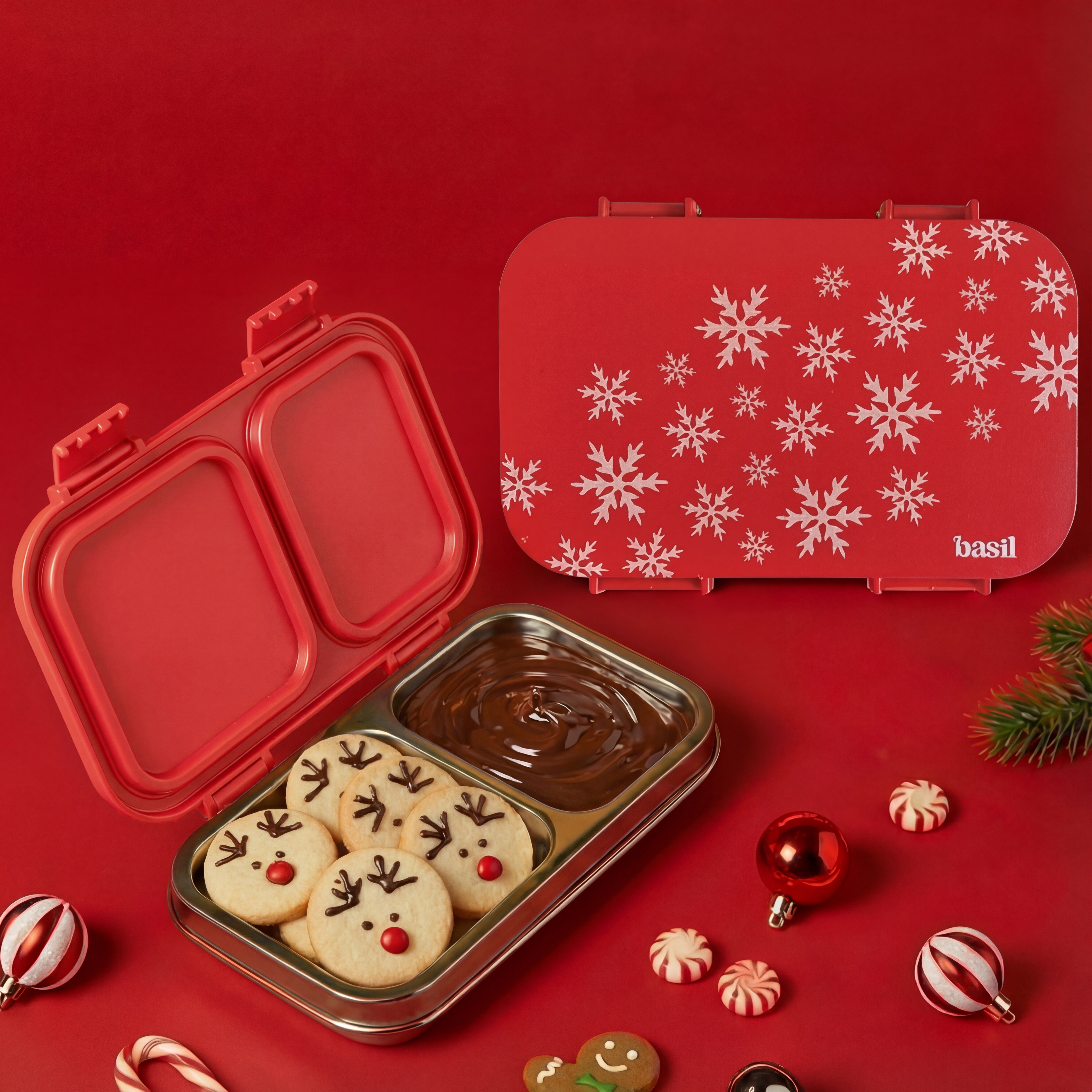 2 Compartment Stainless steel Lunchbox with Plastic Lid - Snow Flake