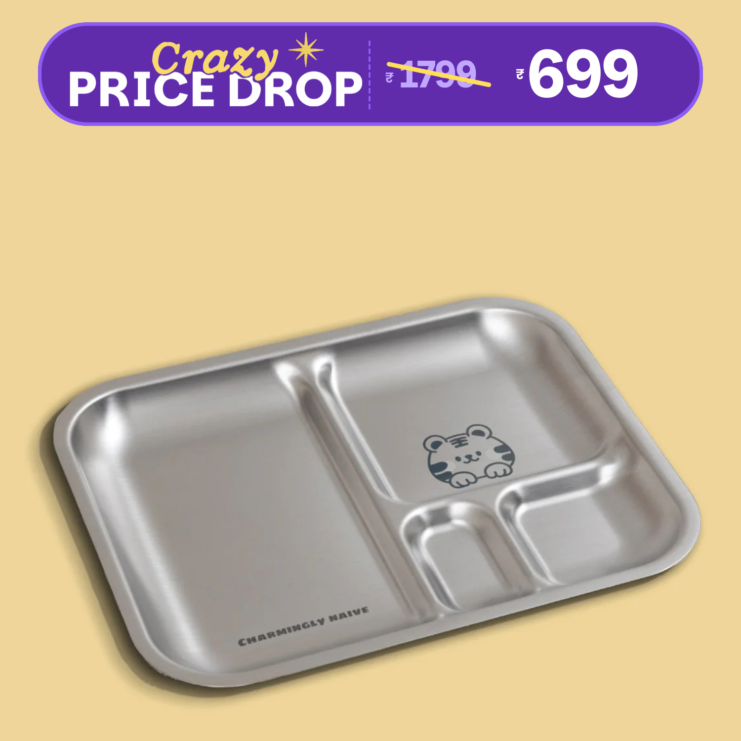 4 Compartment Stainless steel Bento Plate - Tiger