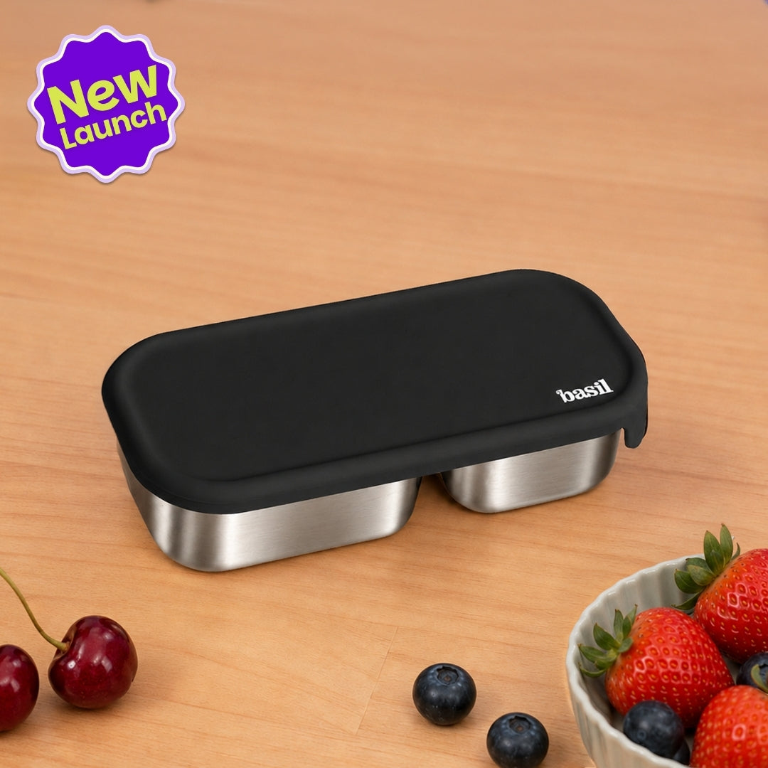 2 Compartment Stainless Steel Pickle Dip with Silicone Lid - Black