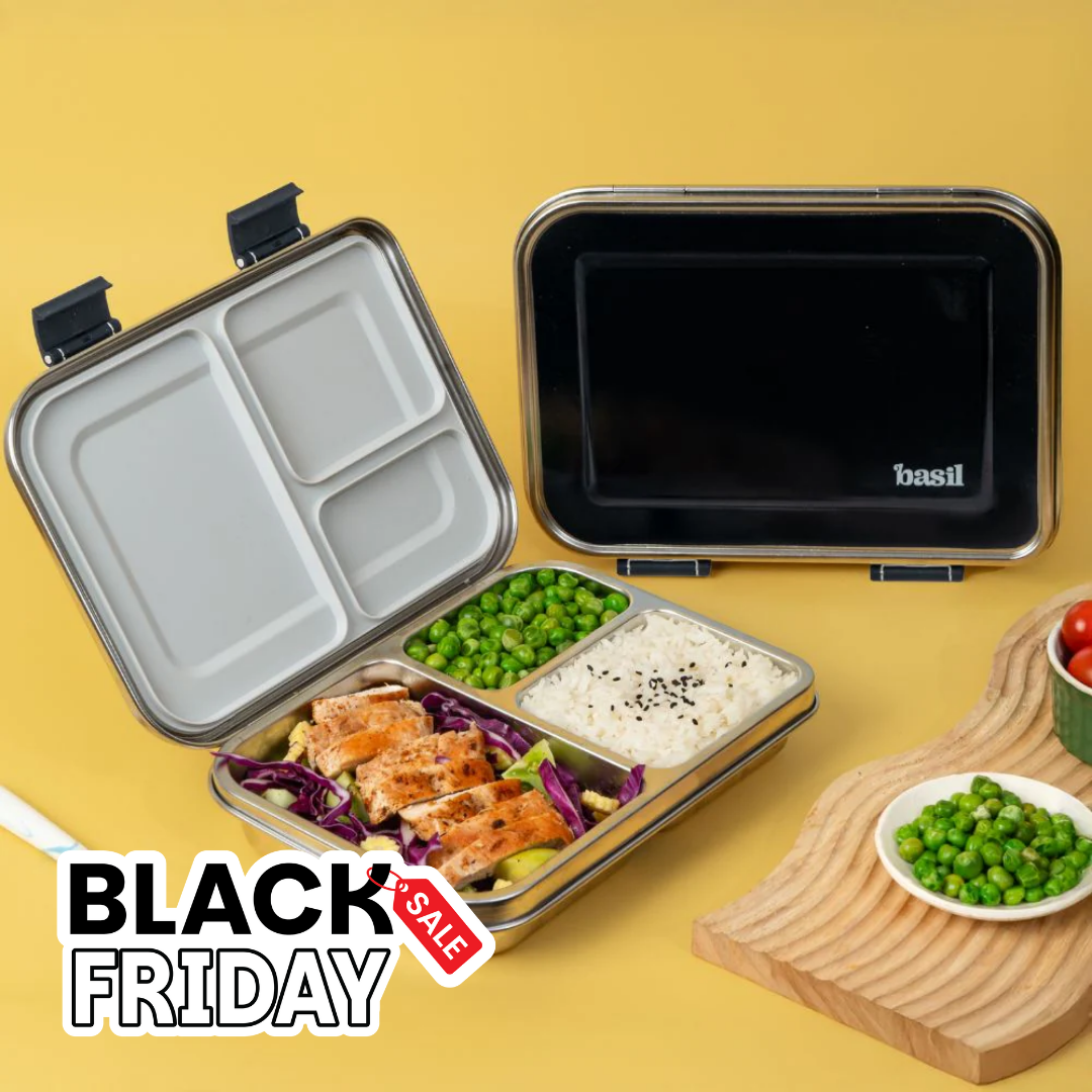 3 Compartment Easy open-close Lunchbox - Black Classic