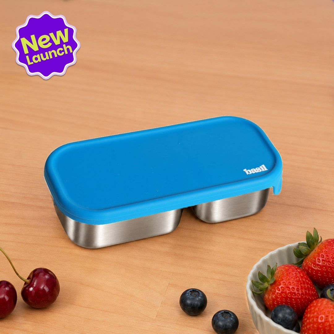2 Compartment Stainless Steel Pickle Dip with Silicone Lid - Blue