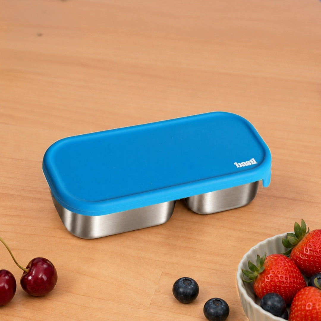2 Compartment Stainless Steel Pickle Dip with Silicone Lid - Blue