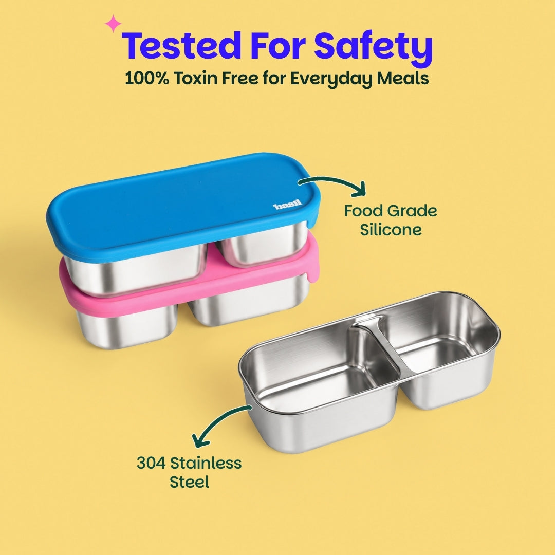 2 Compartment Stainless Steel Pickle Dip with Silicone Lid - Blue
