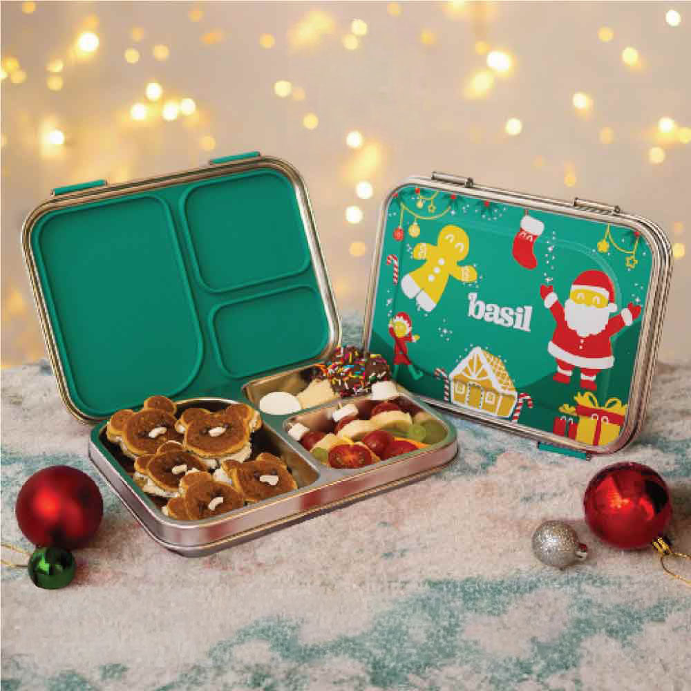 3 Compartment Stainless steel Lunchbox - Green Christmas