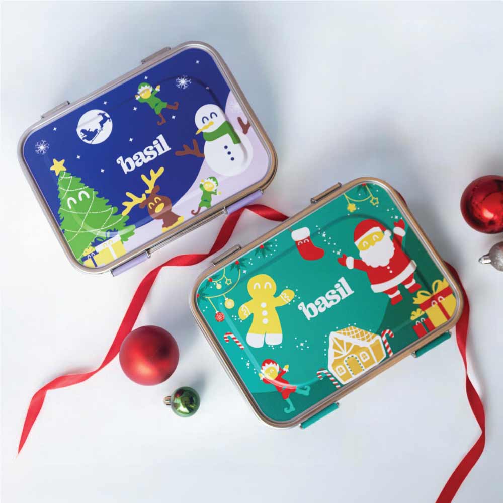 3 Compartment Stainless steel Lunchbox - Blue Christmas