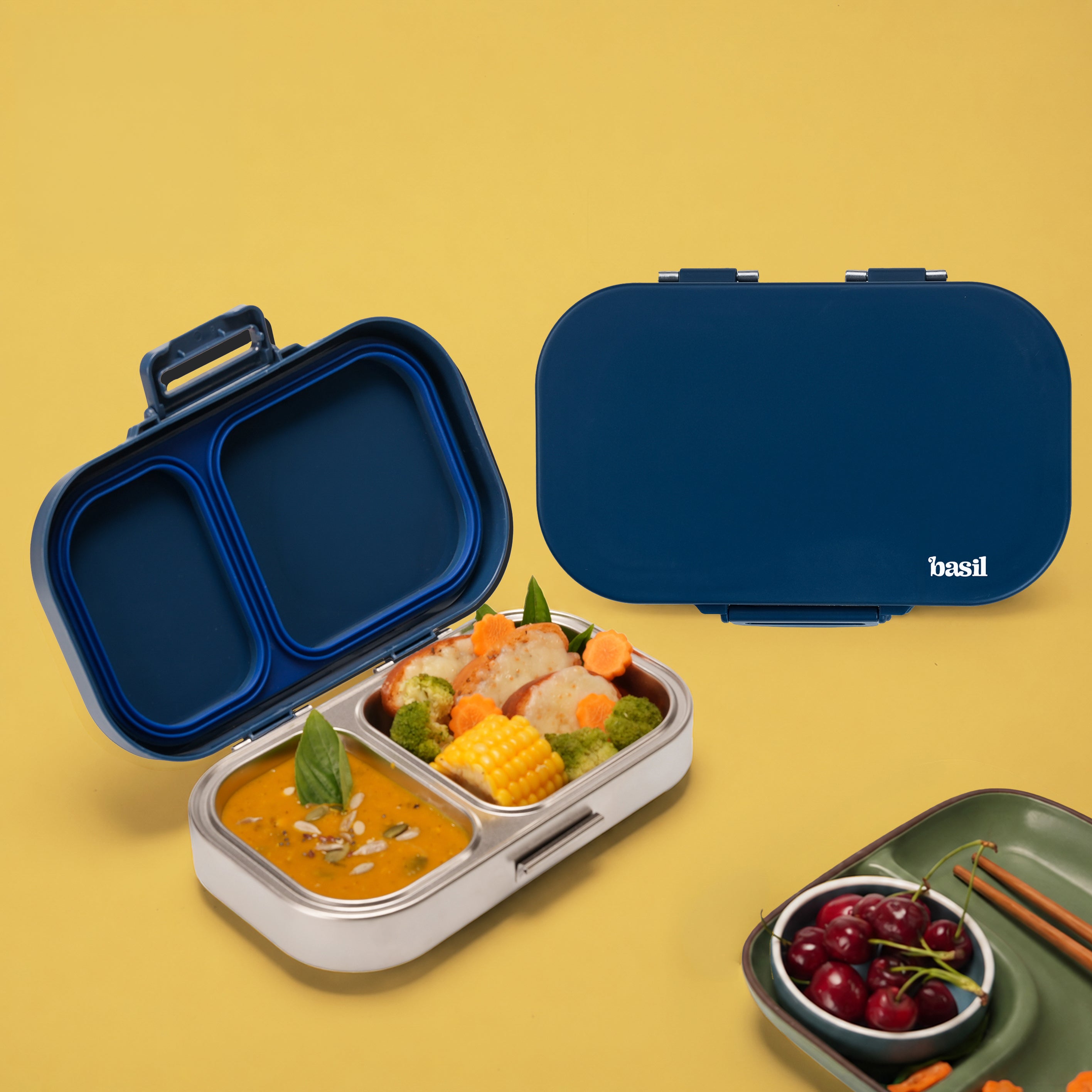 2 Compartment Stainless Steel Lunchbox with Plastic Lid - Classic Blue