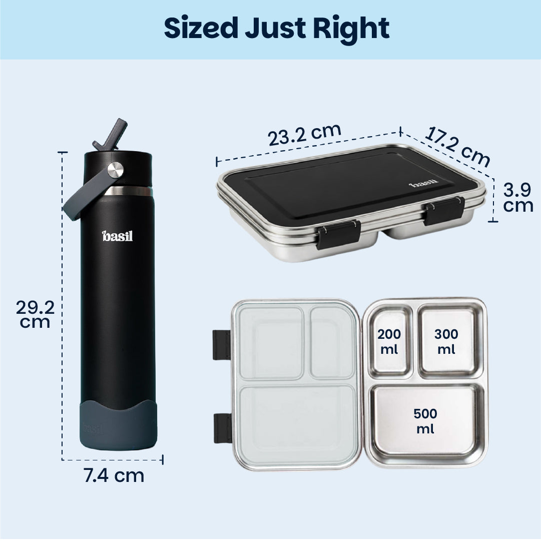 School Combo- Set of Water Bottle and Lunch Box Black