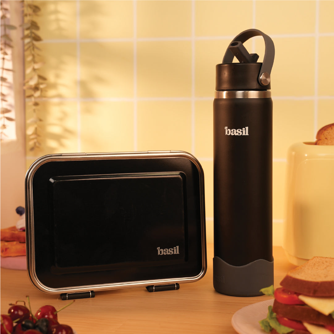 School Combo- Set of Water Bottle and Lunch Box Black