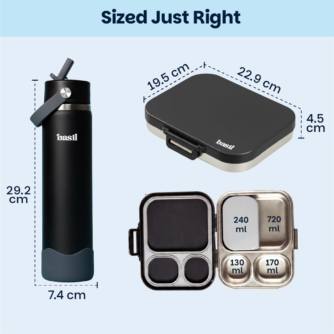 School Combo- Set of Water Bottle and Lunch Box Black
