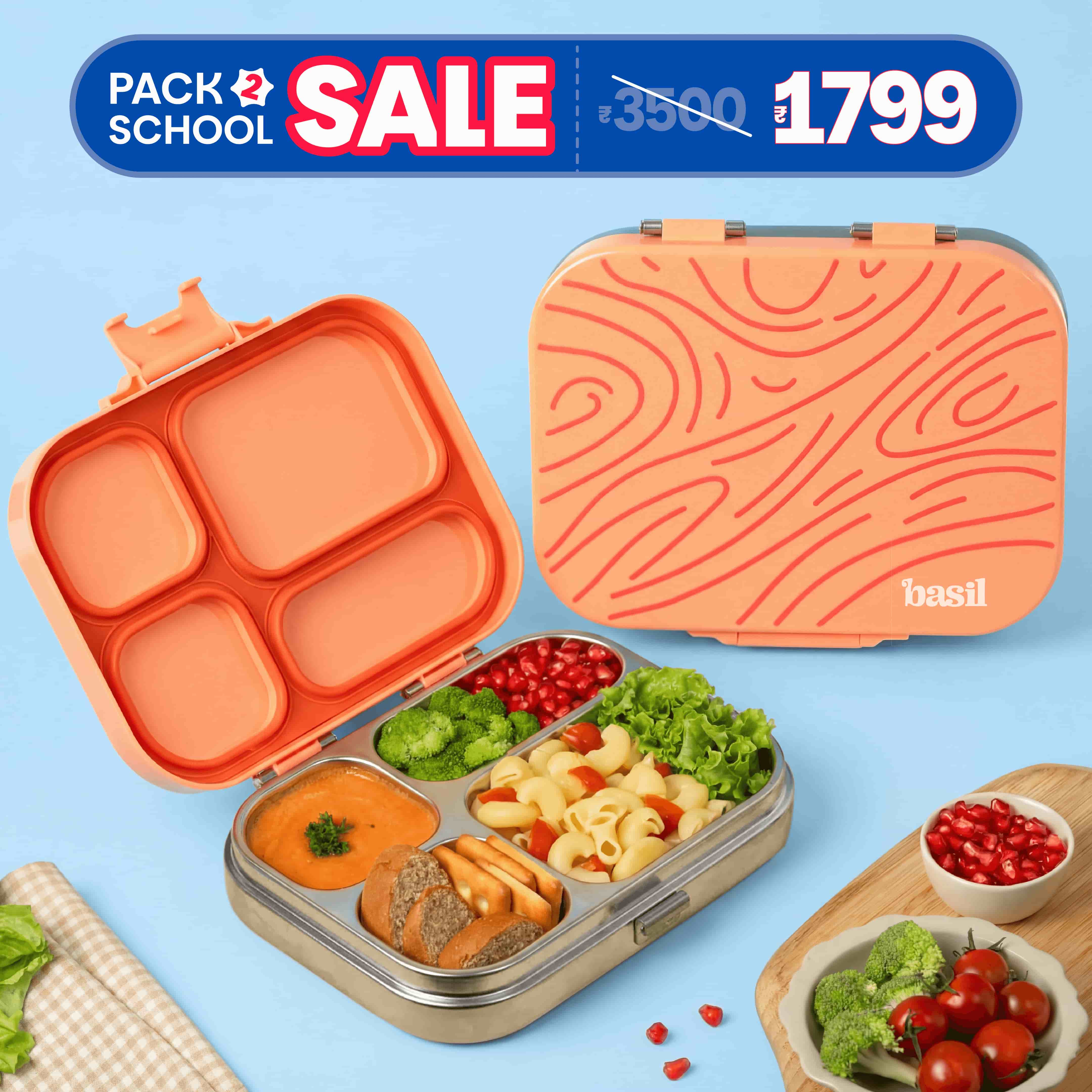 4 Compartment Stainless steel Lunchbox with Plastic lid - Coral Swirl