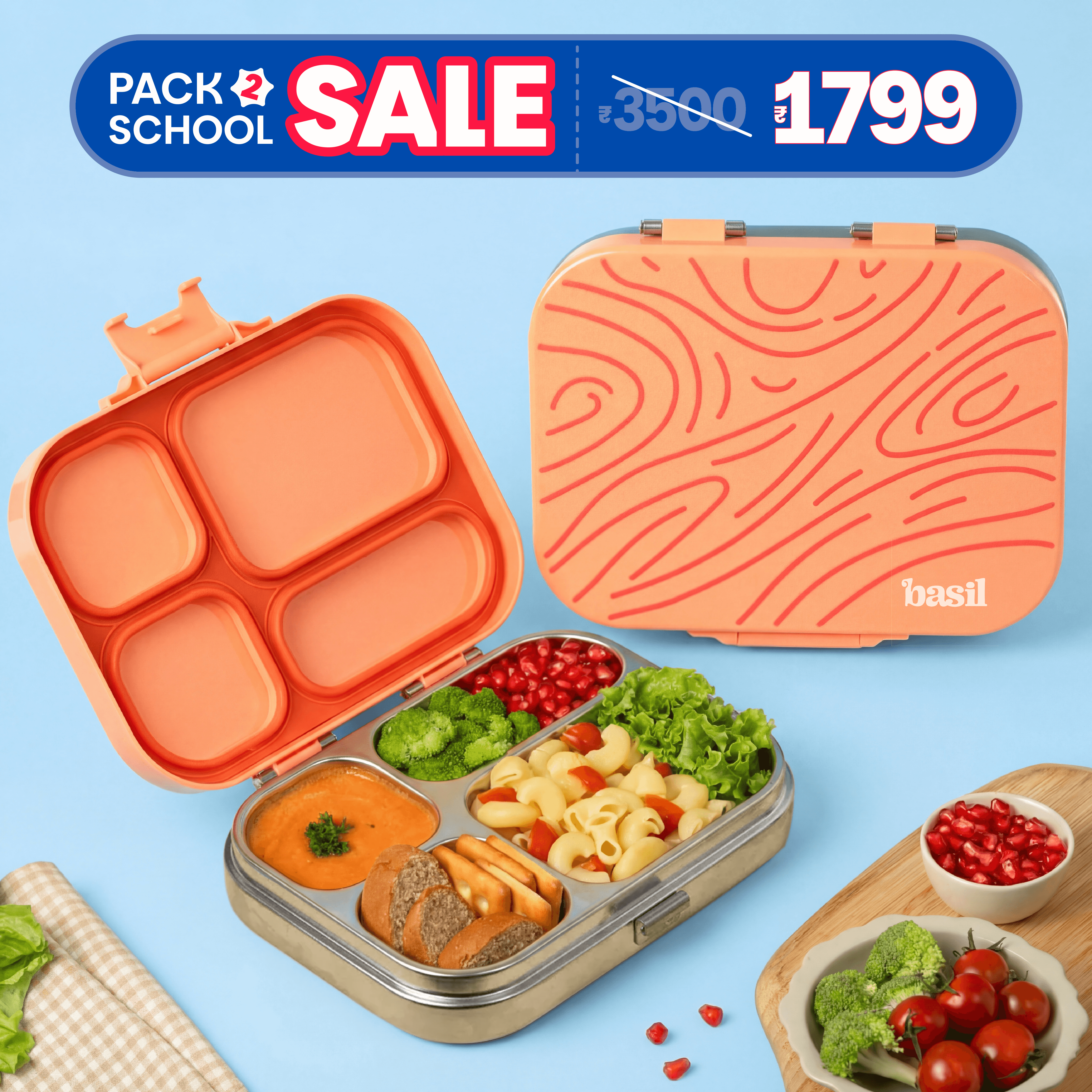 4 Compartment Stainless steel Lunchbox with Plastic lid - Coral Swirl