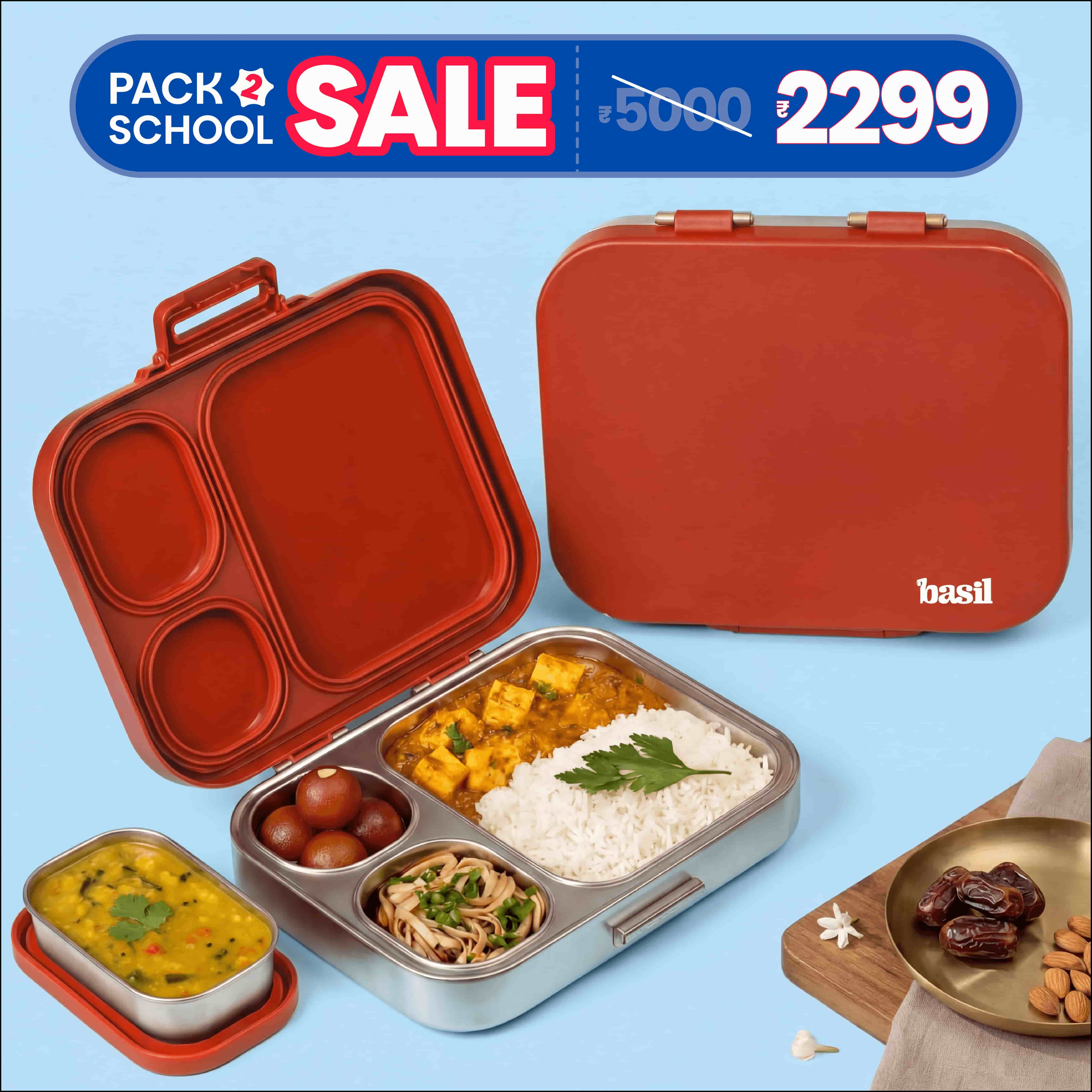 3+1 Compartment Stainless steel Lunchbox with Mini Box - Desi Mitti