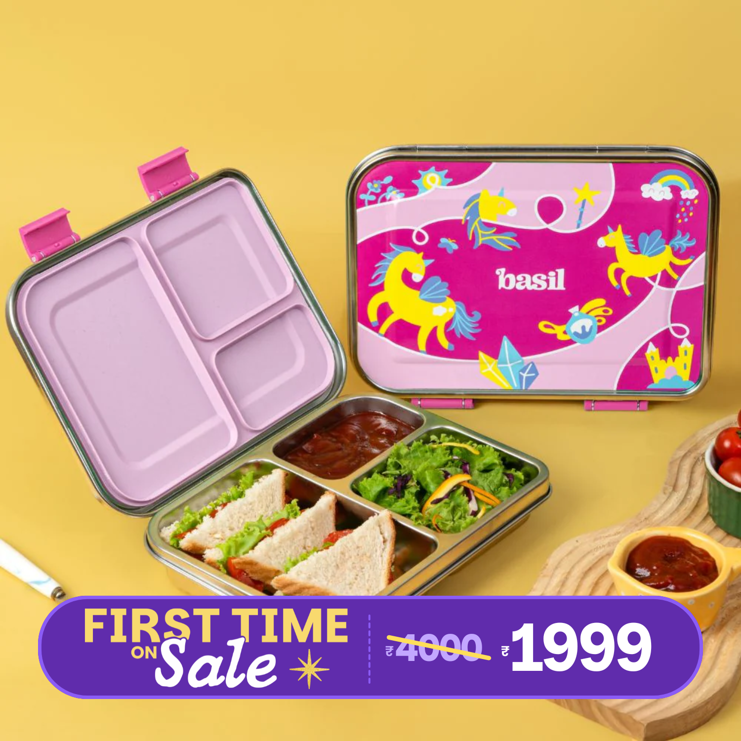 3 Compartment Easy open-close Bento - Pixie Dash