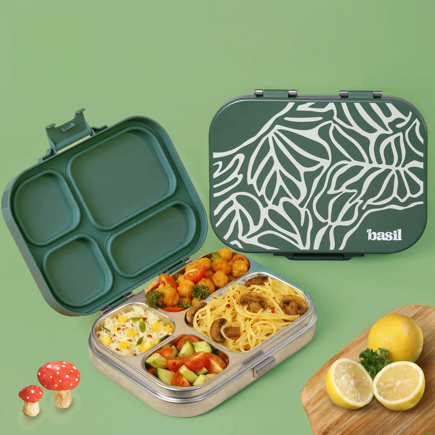 4 Compartment Stainless steel Lunchbox with Plastic lid - Emerald Moss