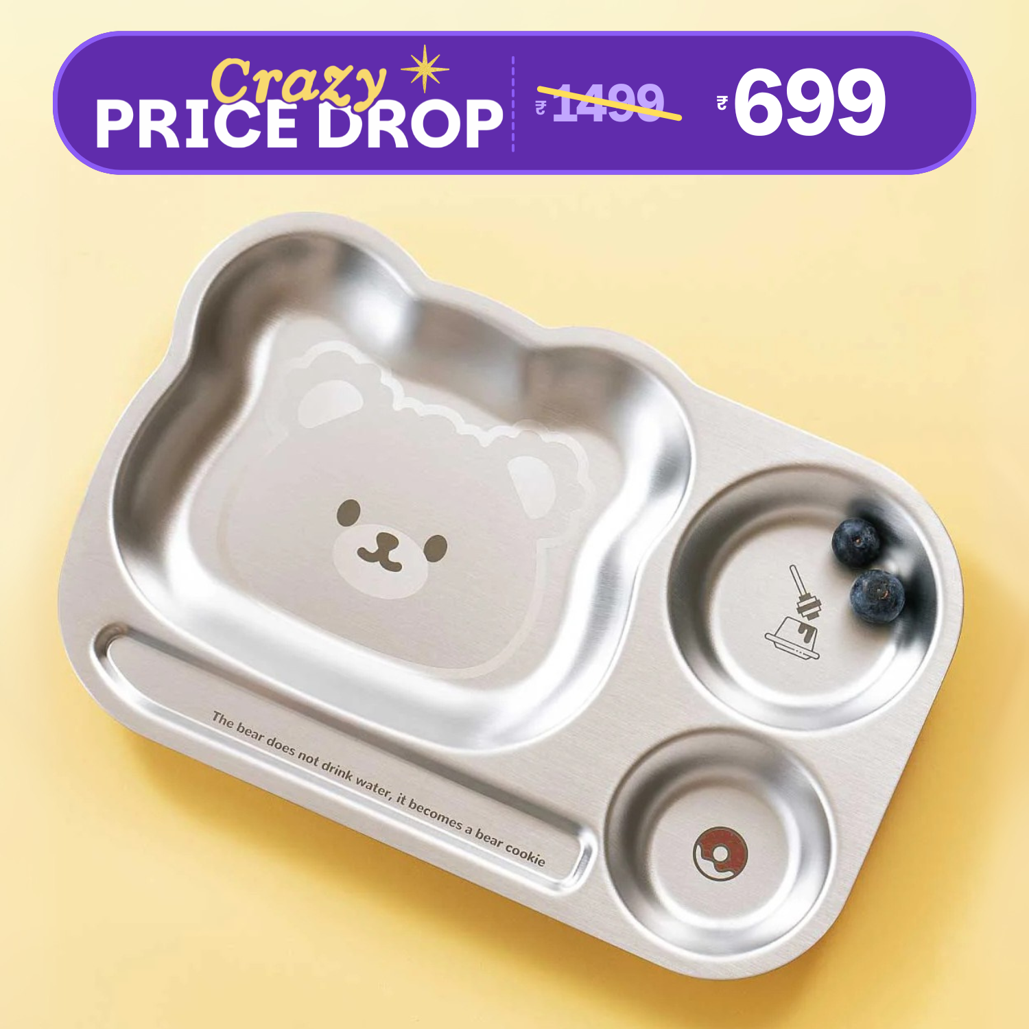 3 Compartment Stainless steel Dinner Plate - Bear