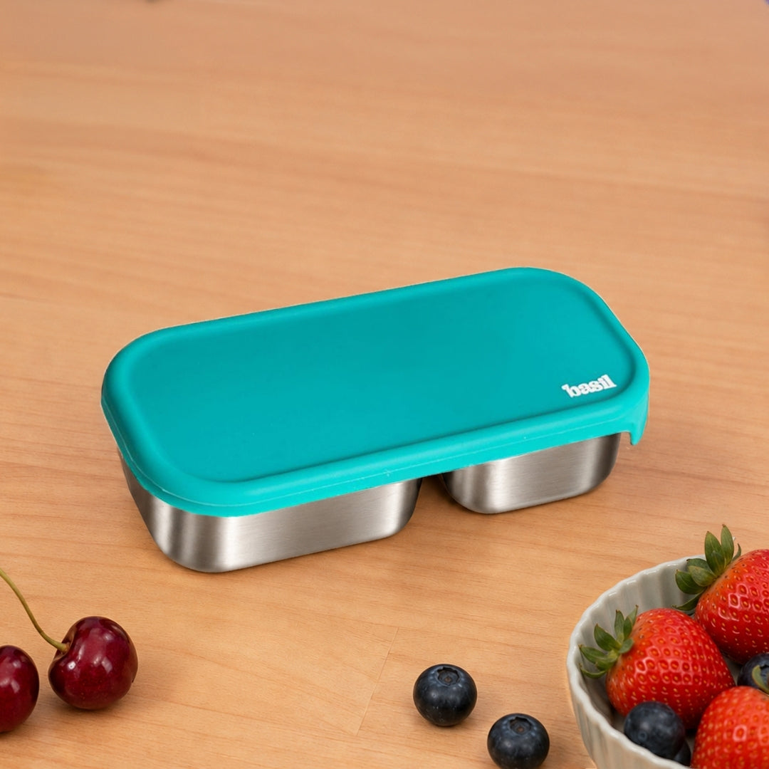 2 Compartment Stainless Steel Pickle Dip with Silicone Lid - Green