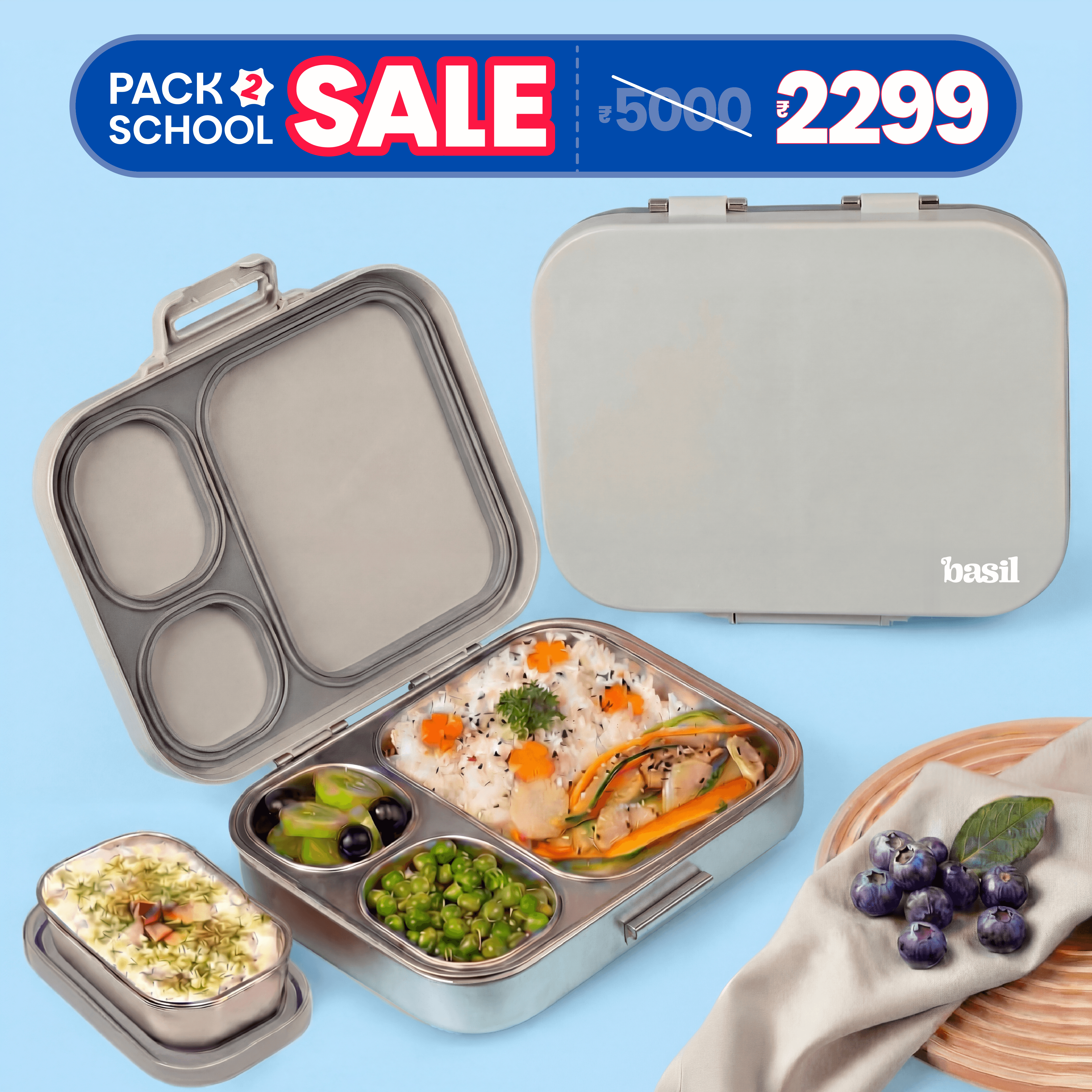 4 Compartment Stainless steel Lunchbox with Mini Box - Classic Grey