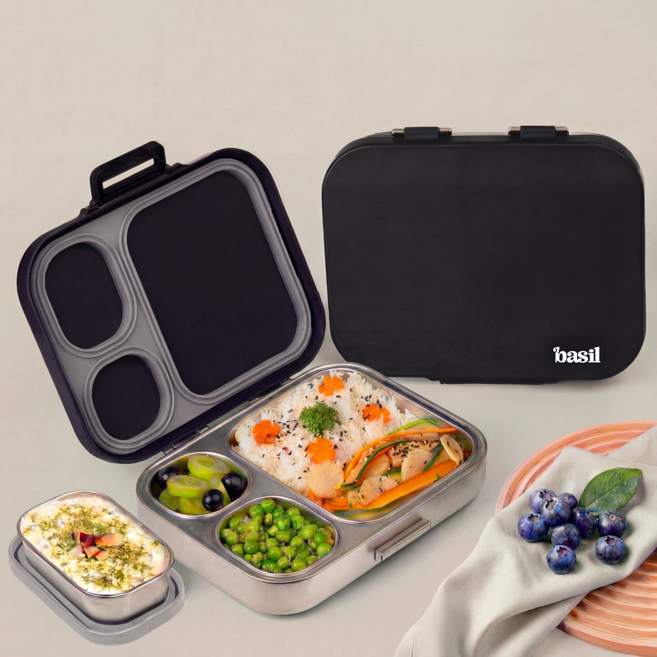 3+1 Compartment Stainless steel Lunchbox with Mini Box - Classic Black
