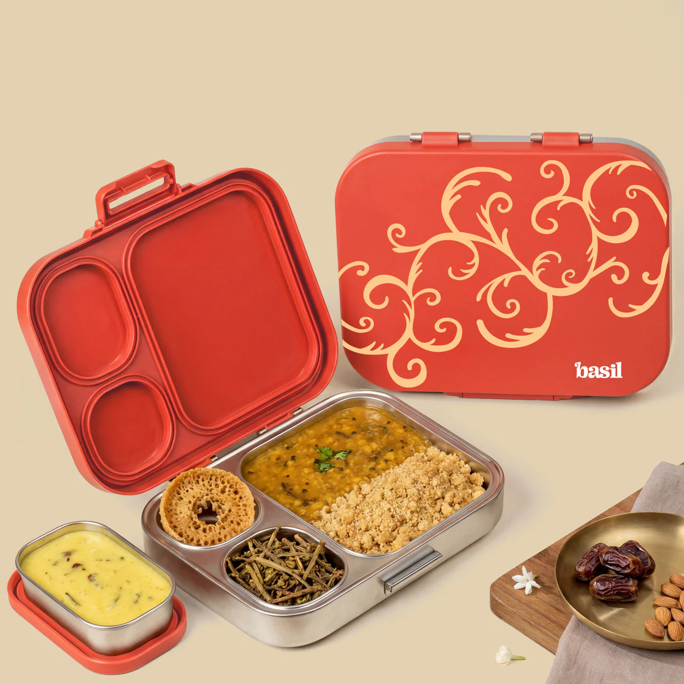 3+1 Compartment Stainless steel Lunchbox with Mini Box - Jaipuri Jaali