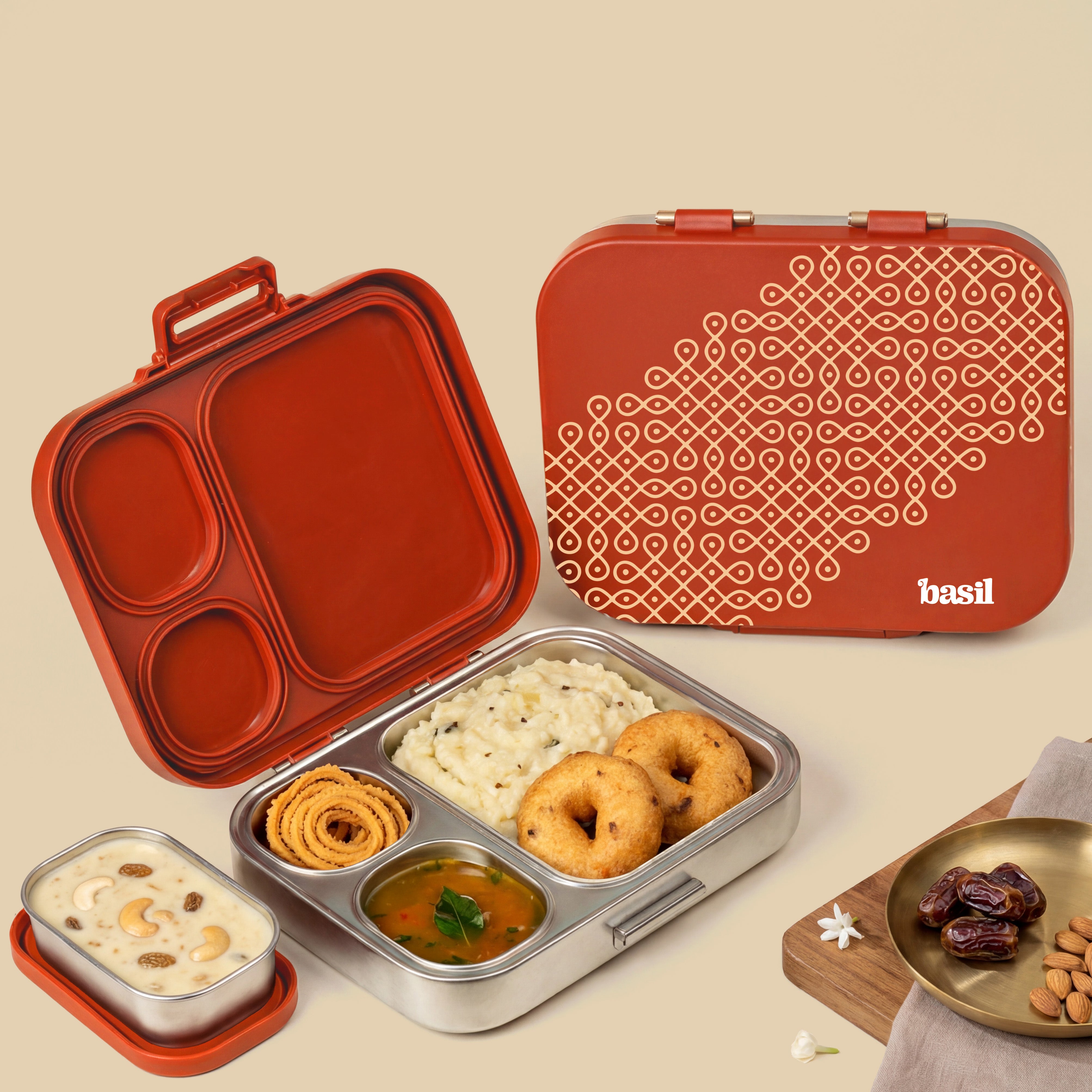 3+1 Compartment Stainless steel Lunchbox with Mini Box - Tanjore Kolam