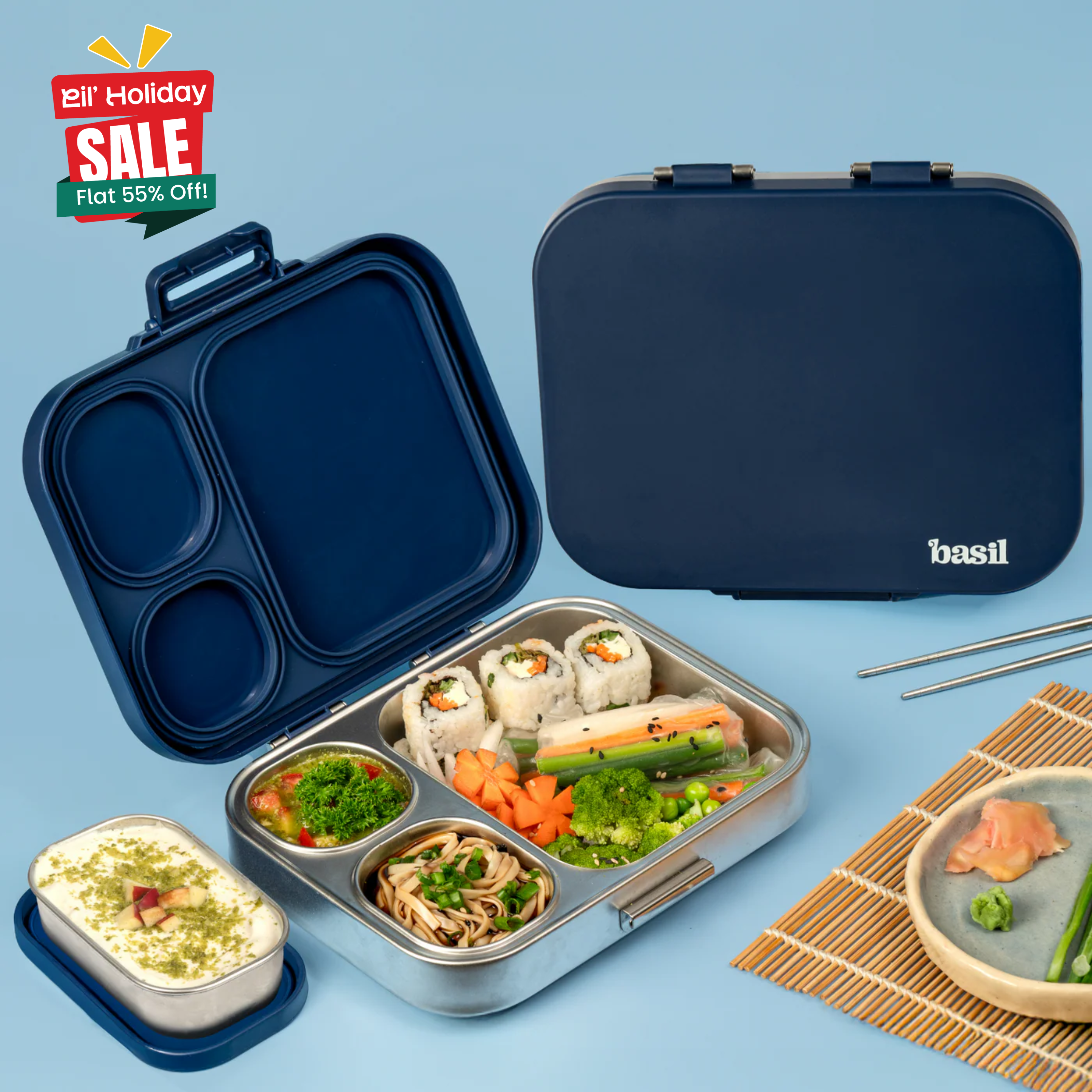 4 Compartment Stainless steel Lunchbox with Mini Box - Indigo Zen