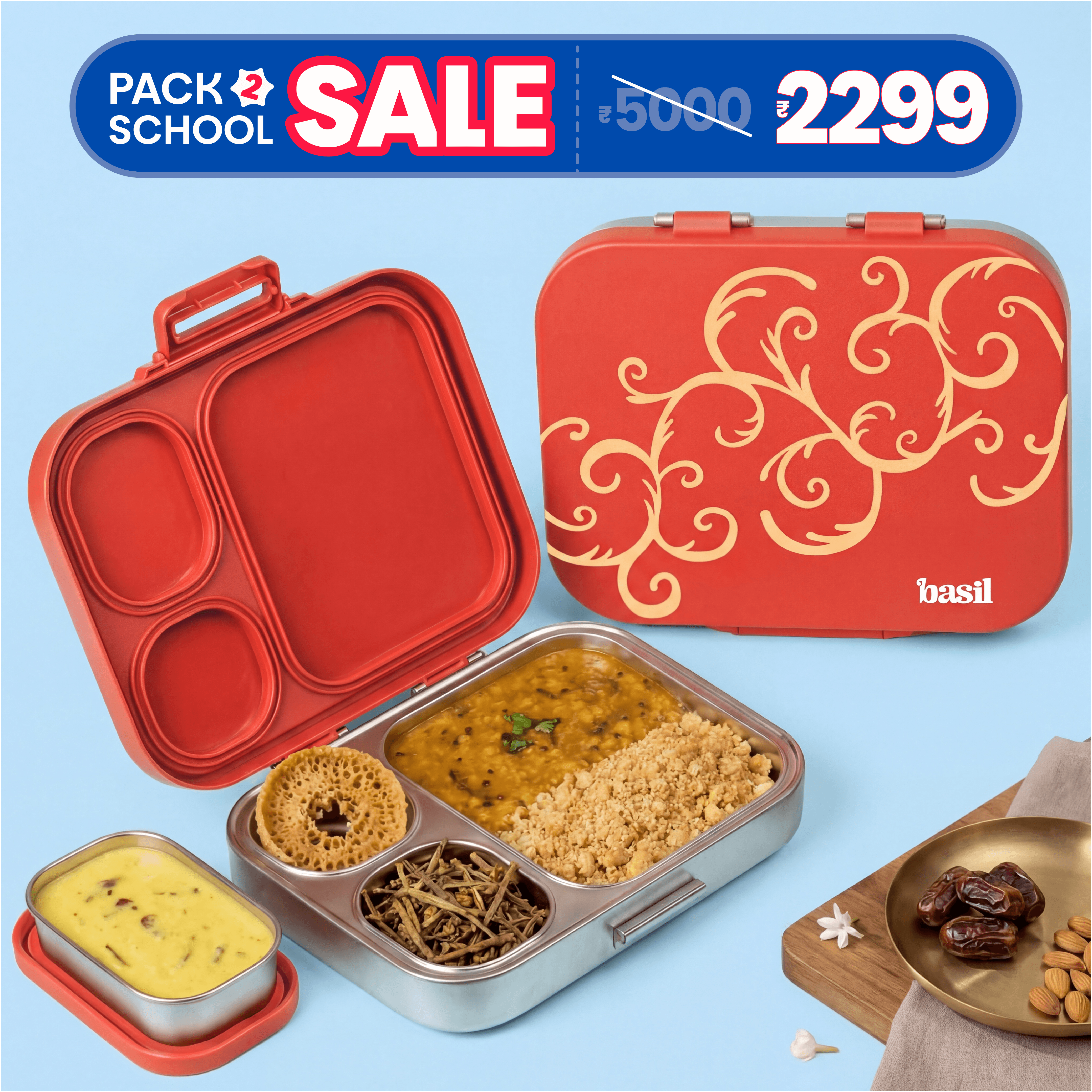 4 Compartment Stainless steel Lunchbox with Mini Box - Jaipuri Jaali